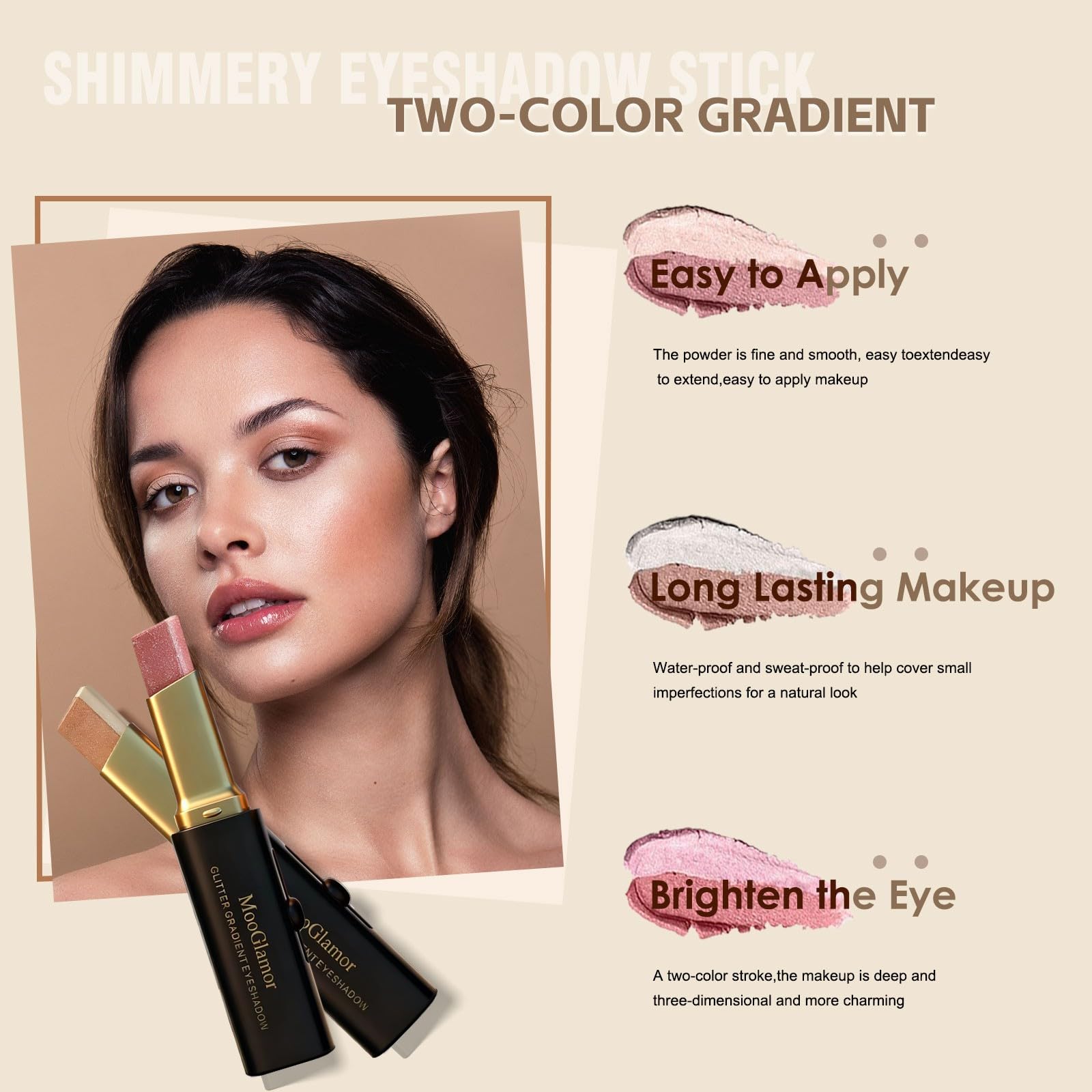 MooGlamor Glitter Stick: textura cremosa para aplicacion suave y duradera.
