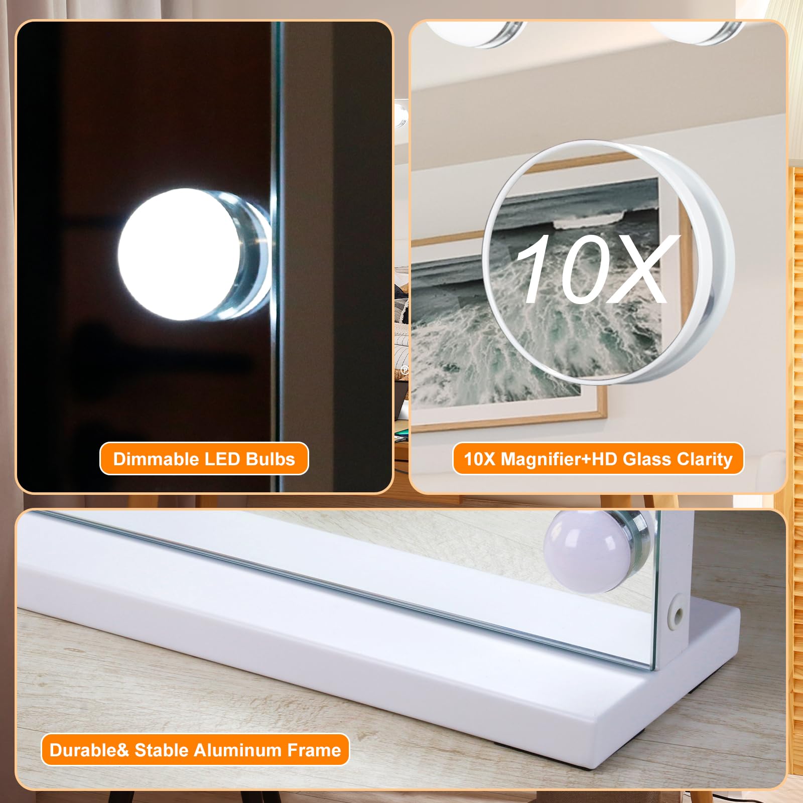 Elegant Hollywood-style Moonee vanity mirror elevates desk and vanity area.