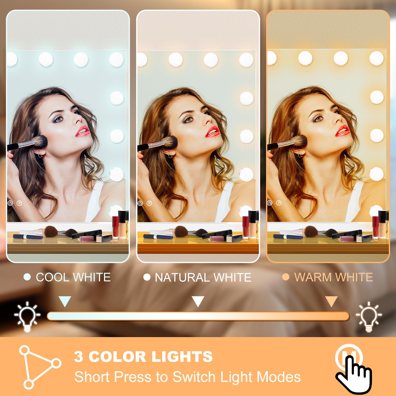 Moonee vanity mirror with 3 color modes for adaptable lighting.