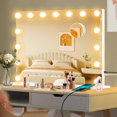 Moonee vanity mirror with lights provides bright, even makeup lighting.