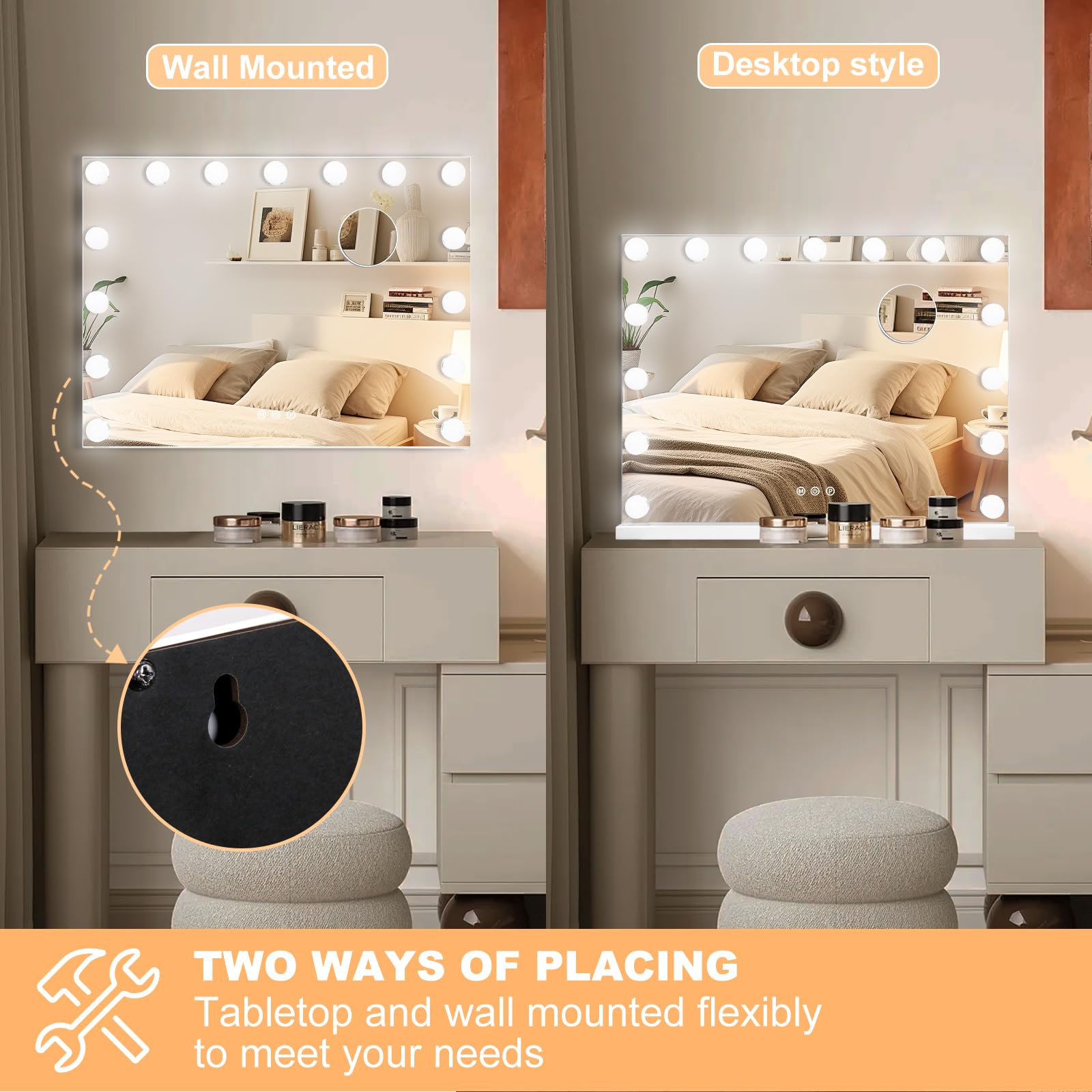 Moonee vanity mirror USB port charges devices while you apply makeup.