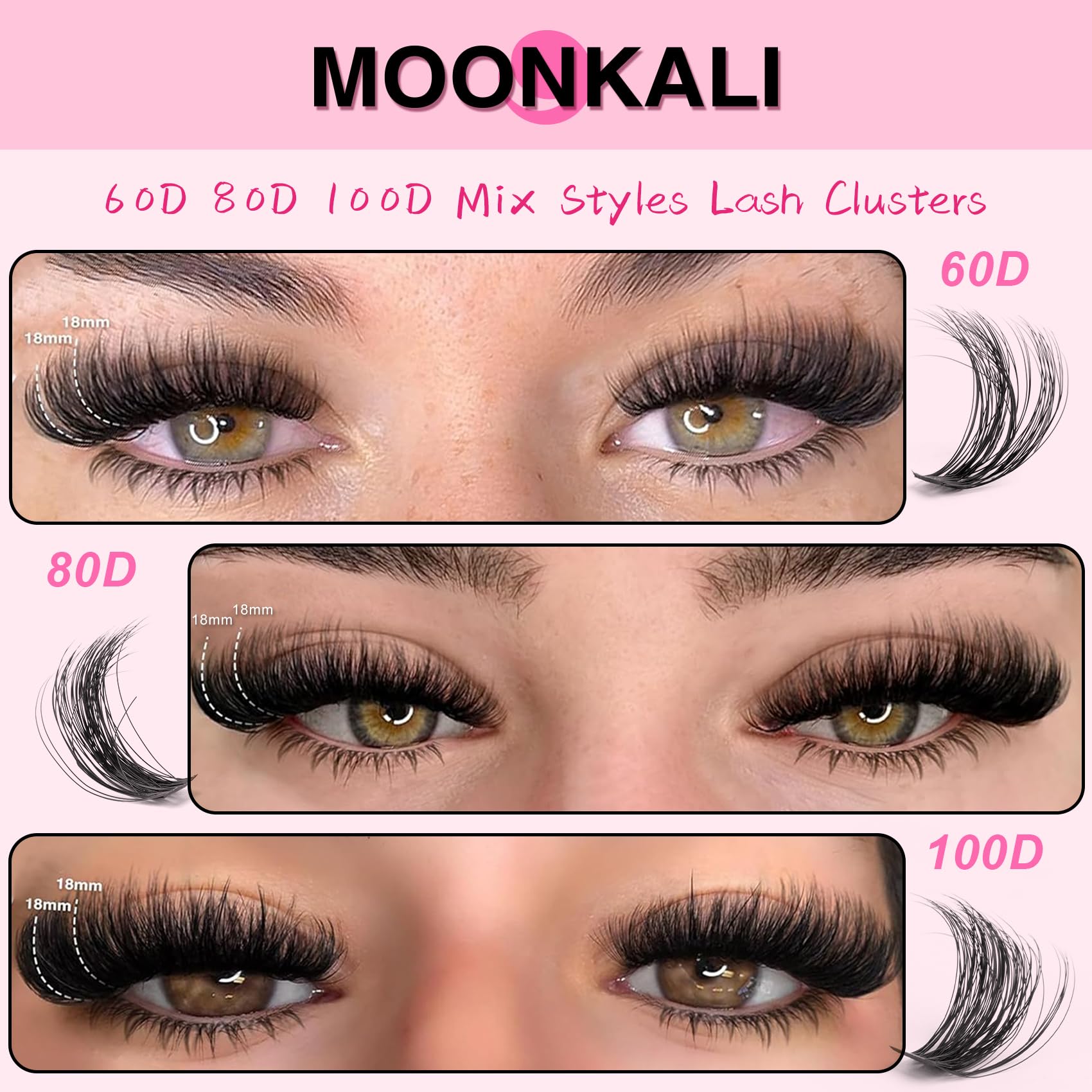 MOONKALI lash clusters 100D create bold volume for evening looks.