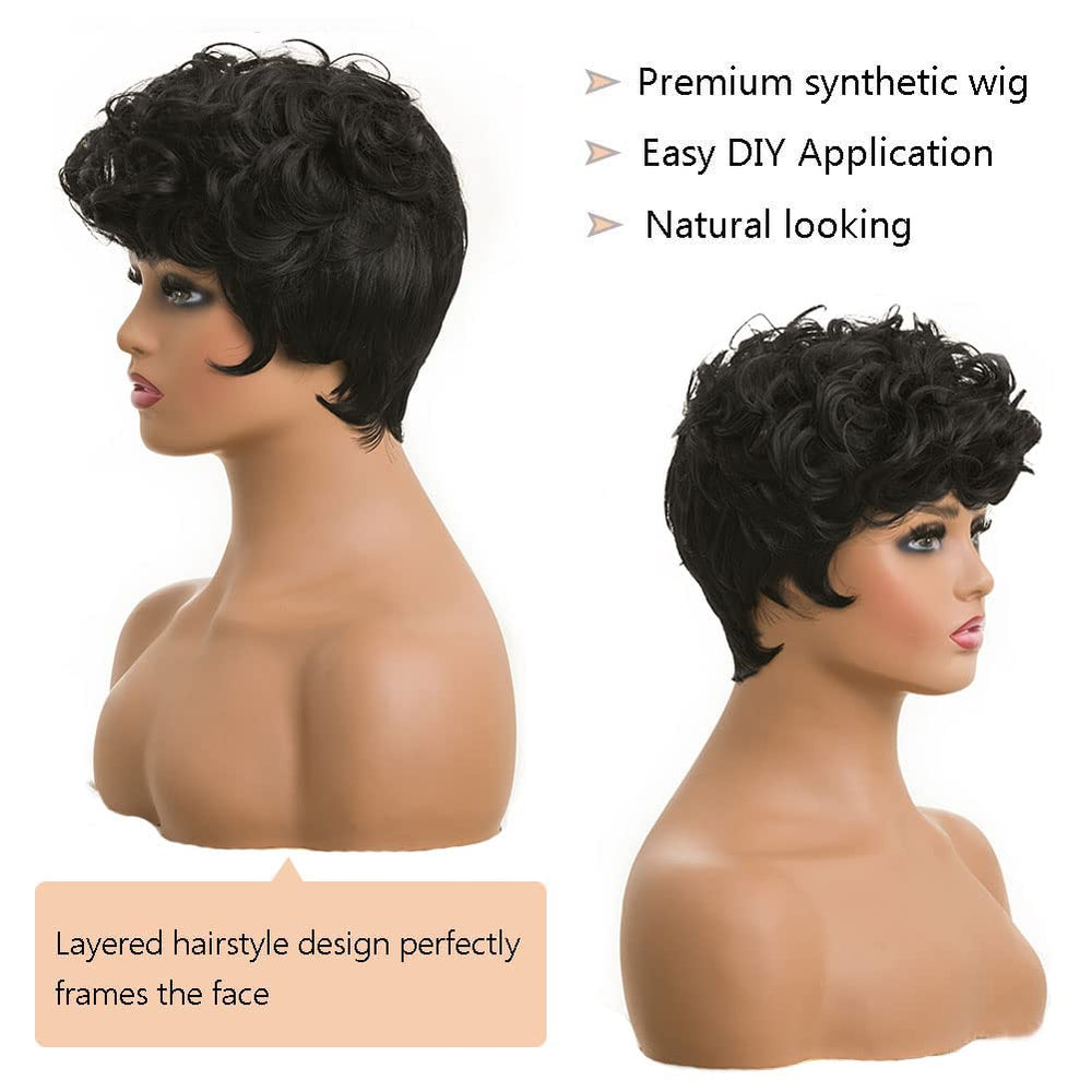 Moonshow short pixie wig natural black top curls close-up