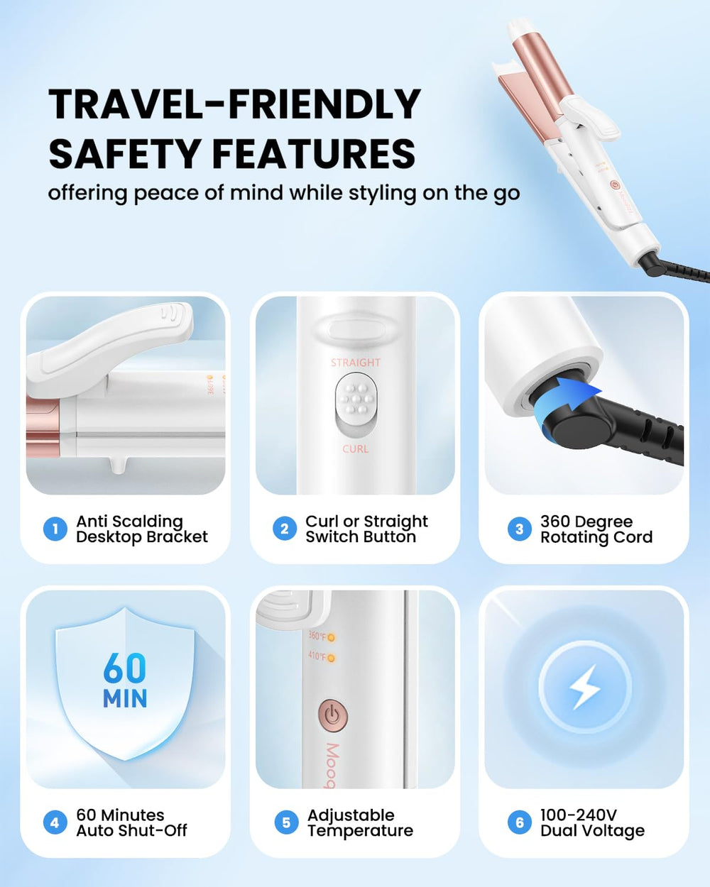 Mooqlizz safety features include auto shut-off and swivel cord