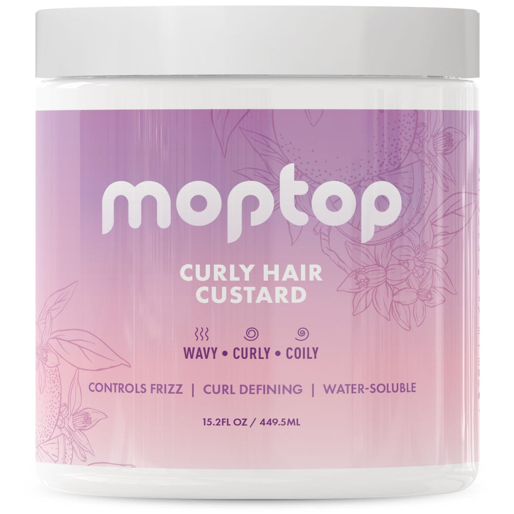 MopTop Curly Hair Gel Custard bottle for lightweight frizz control and definition.