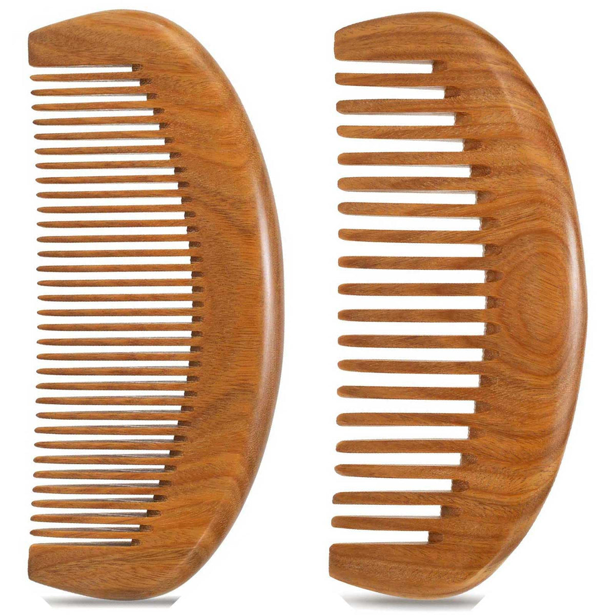 Moreinday two-pack wooden combs with green sandalwood for gentle detangling and scalp massage.