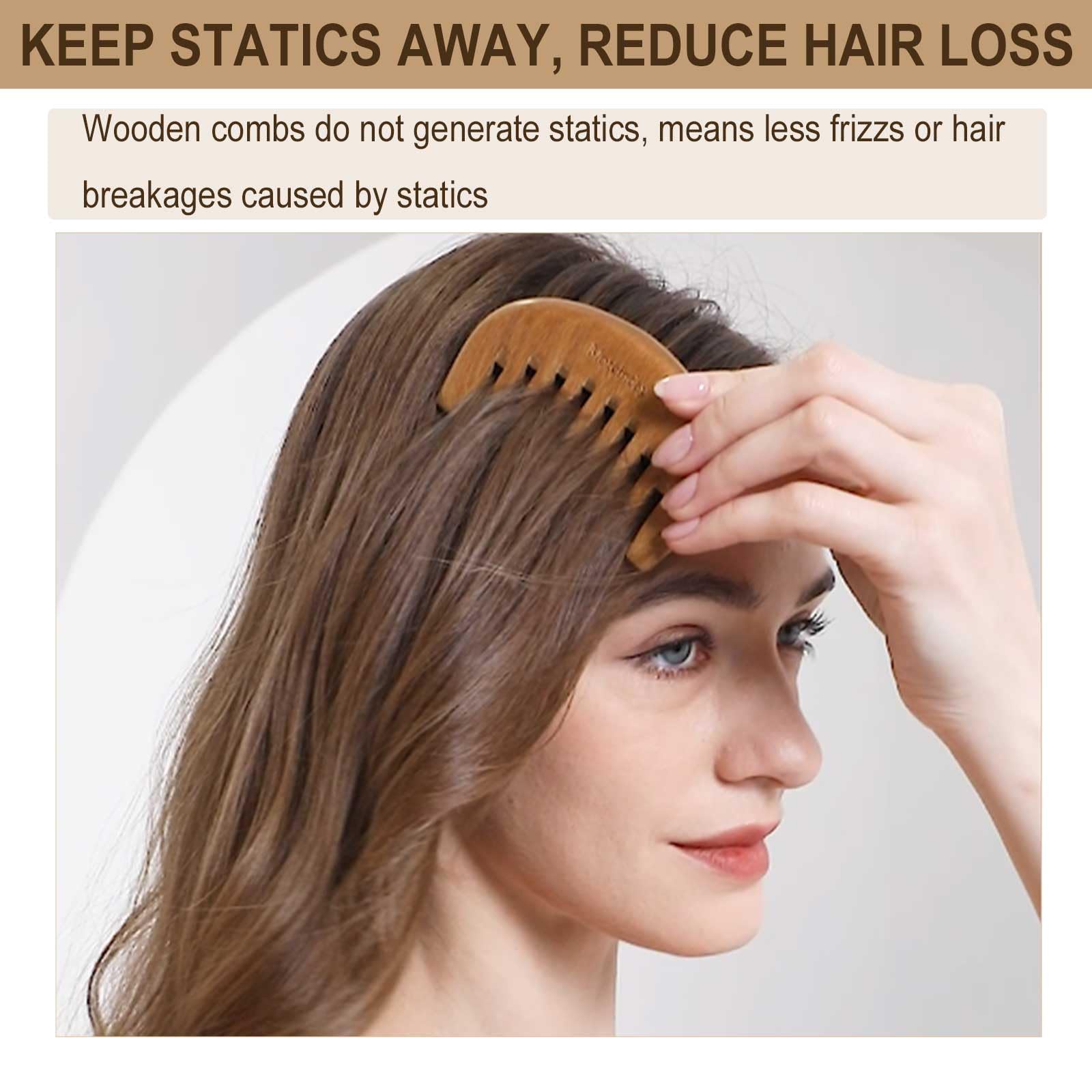 Moreinday wide-tooth wooden detangler with rounded tips for snag-free brushing.