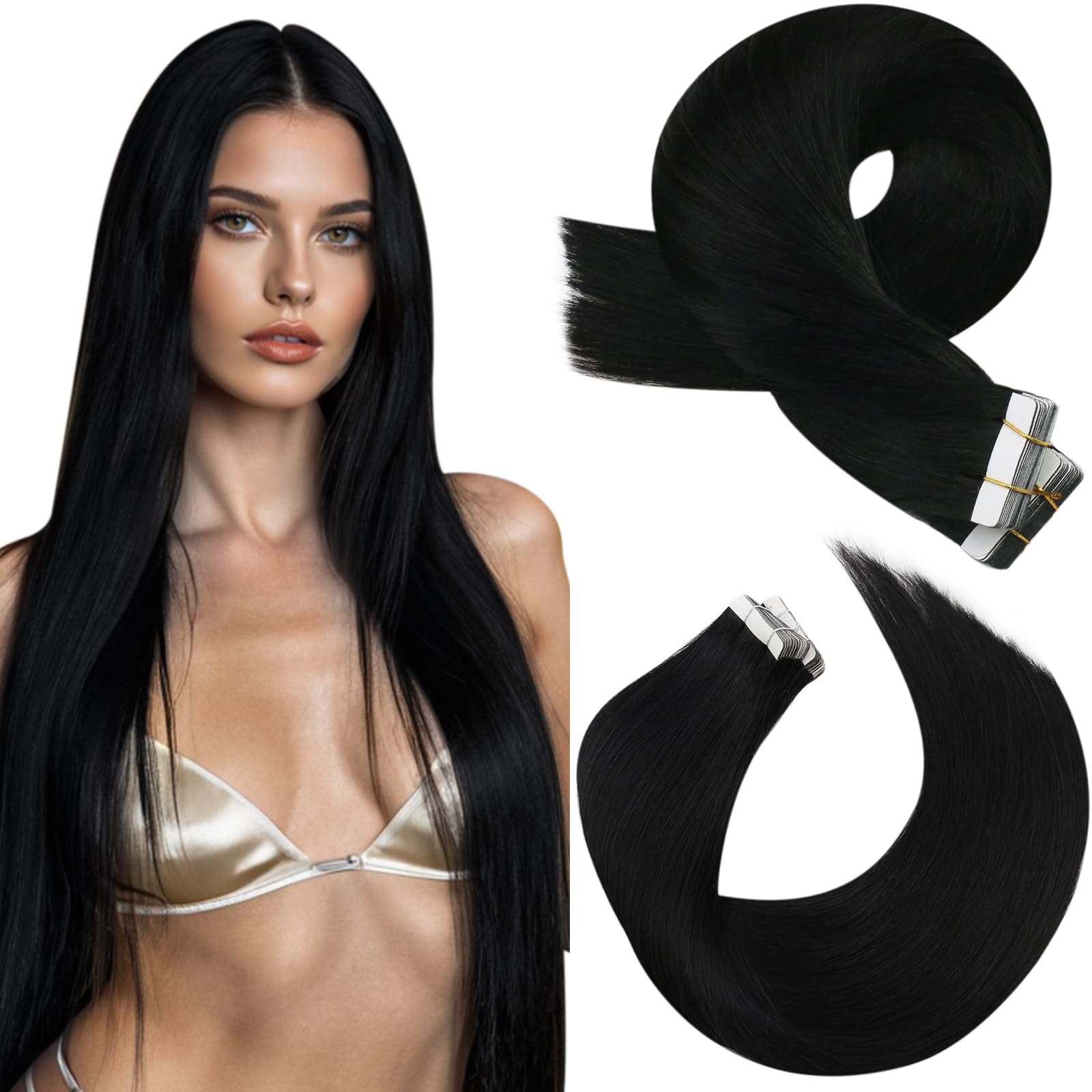 Moresoo black tape-in hair extensions with skin-weft blend for discreet volume