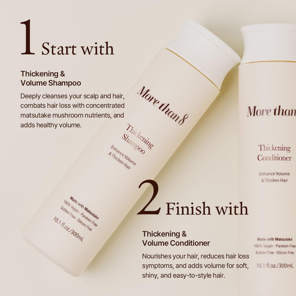 Morethan8 shampoo bottle on a bathroom shelf