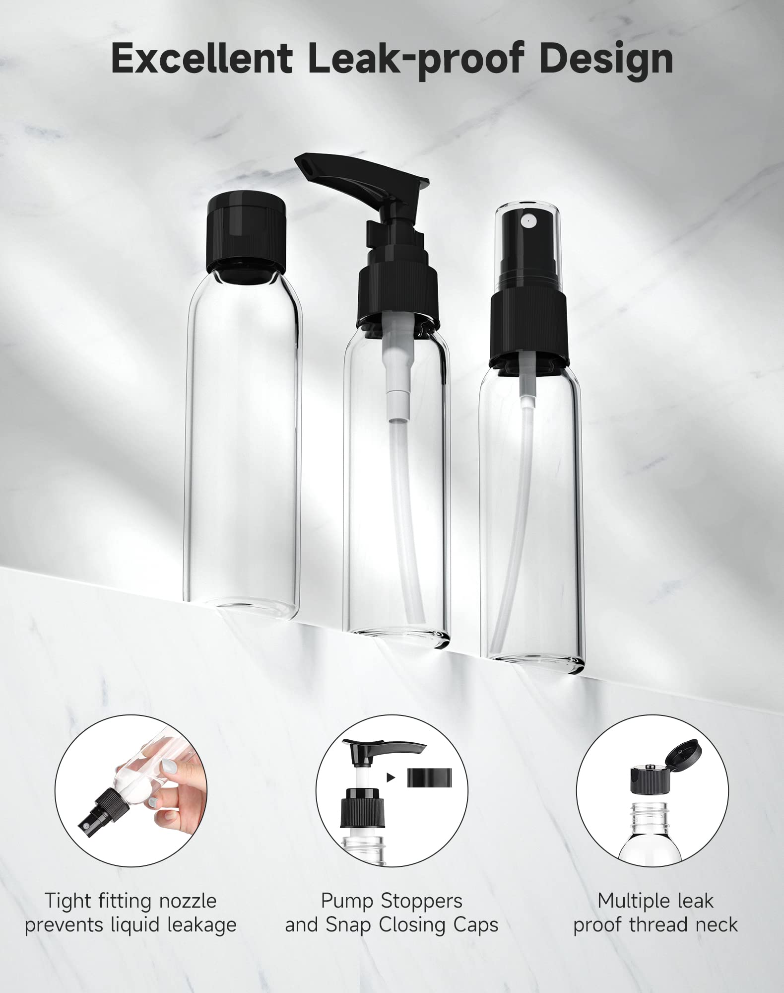 Morfone travel bottles kit flip bottles for compact, easy dispensing.