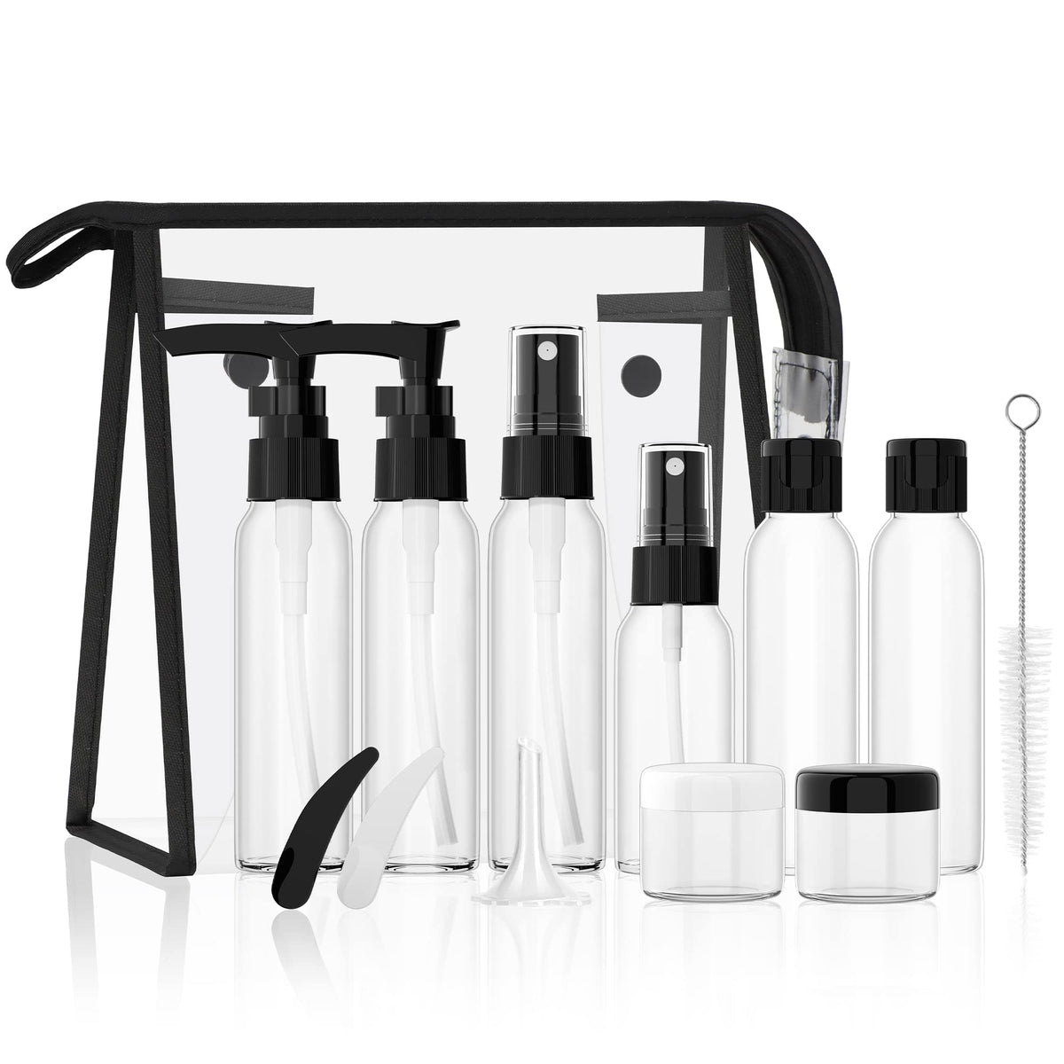Morfone travel bottles kit with leak-proof pumps for secure on-the-go toiletries.