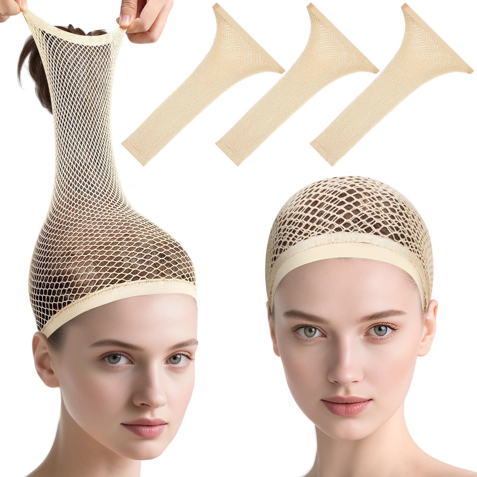 MORGLES beige wig cap on head with open-end design for breathable long-hair support.