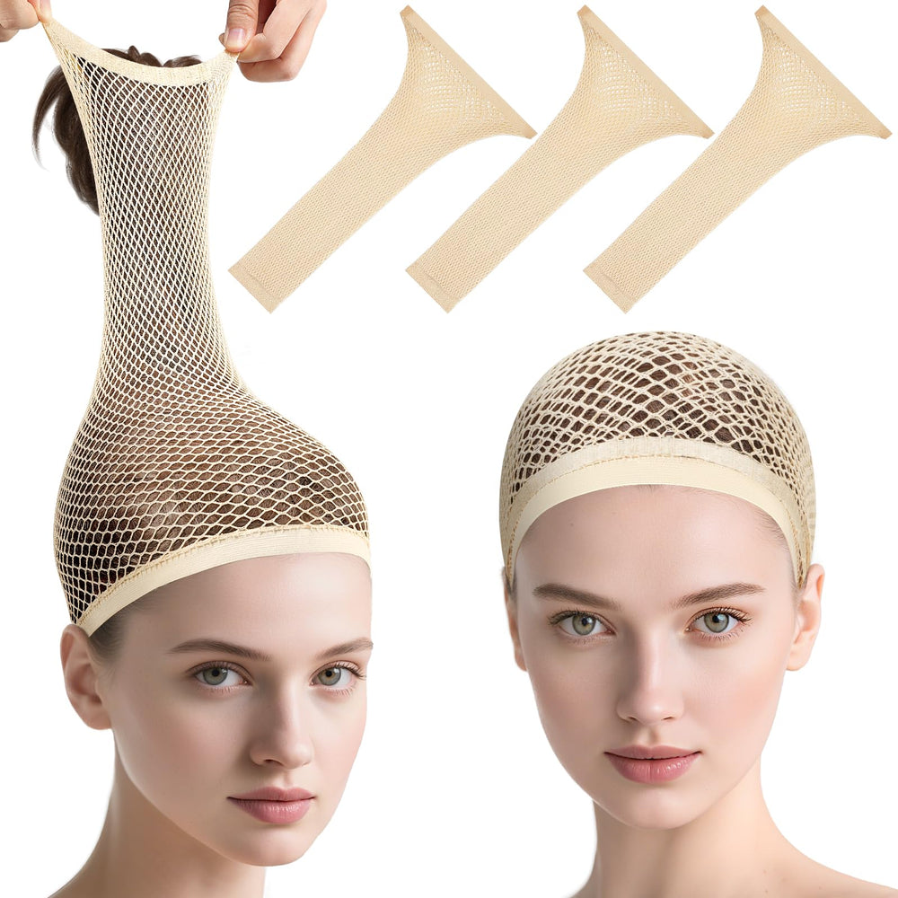 MORGLES beige wig cap on head with open-end design for breathable long-hair support.