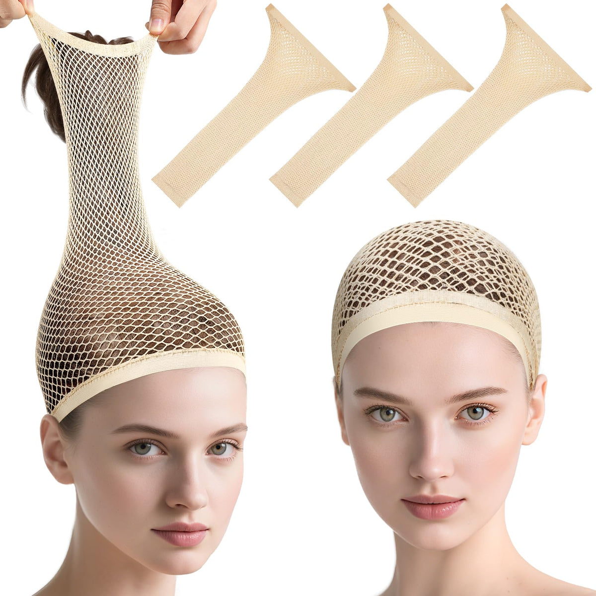 MORGLES beige wig cap on head with open-end design for breathable long-hair support.