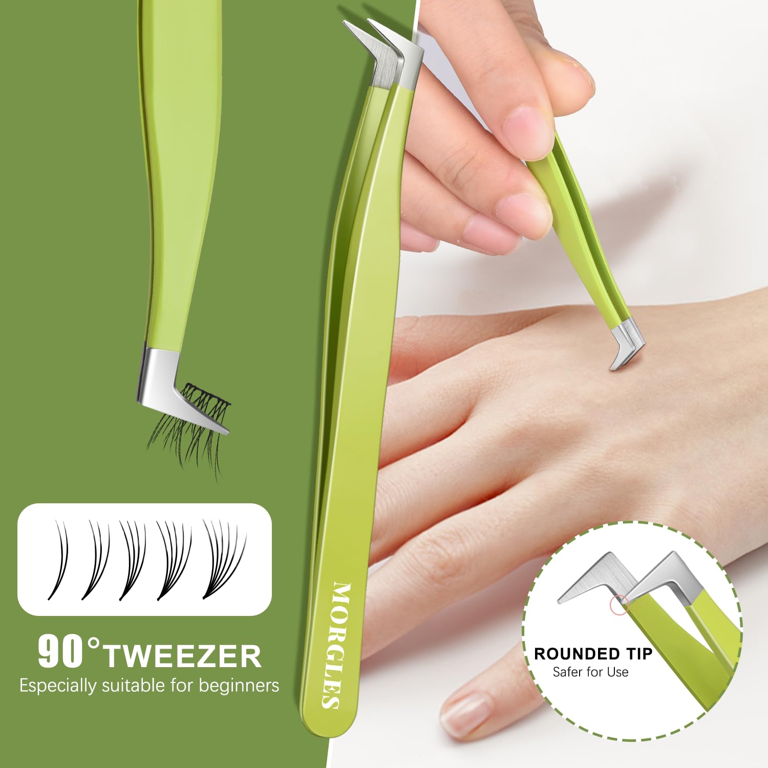 MORGLES S-curved dolphin tweezer contours to the eye for precise handling.
