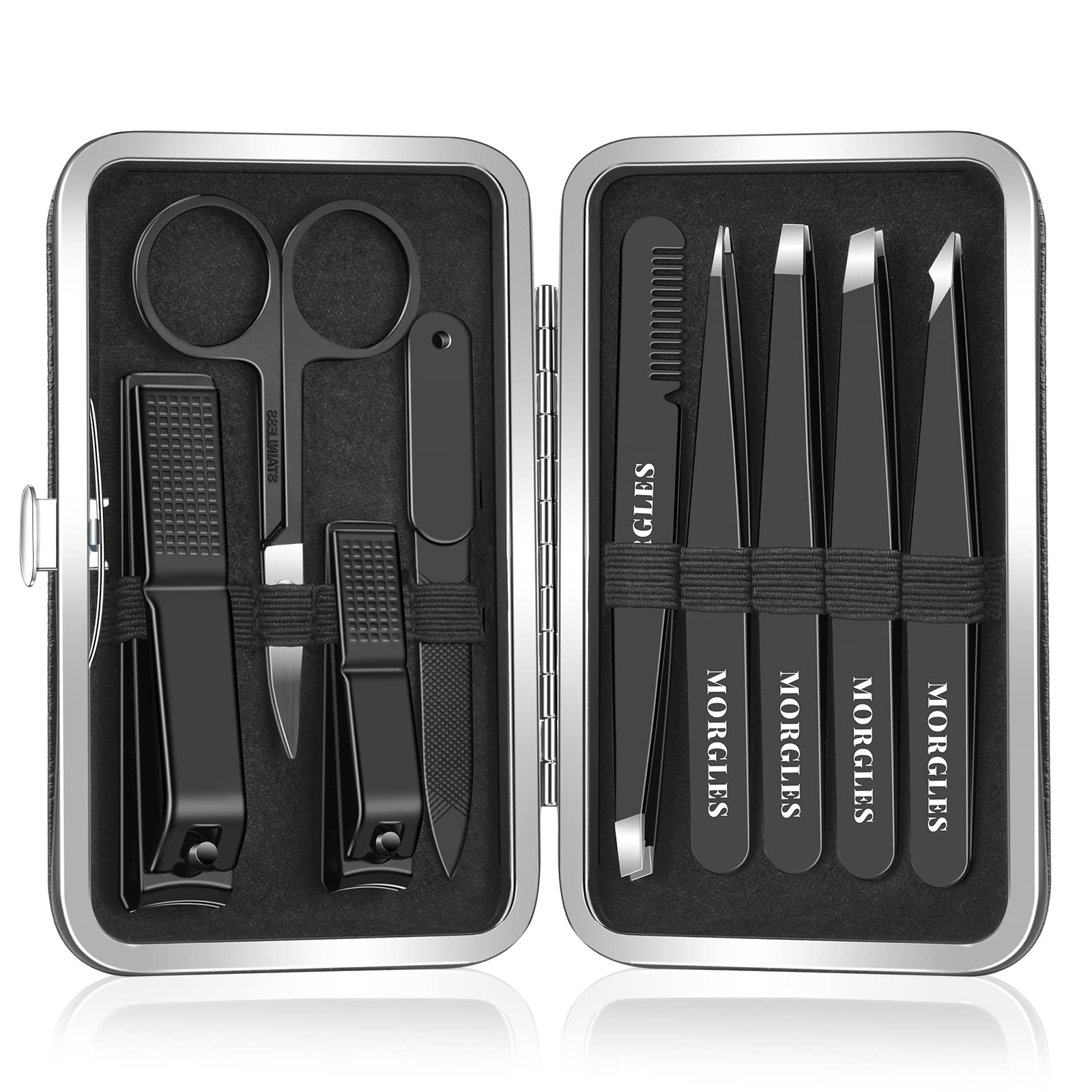 MORGLES tweezers set in leather case for organized travel grooming