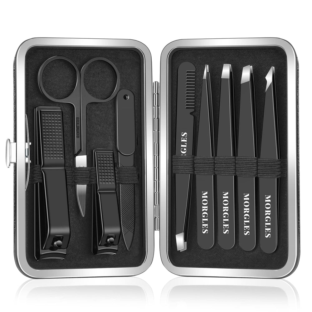 MORGLES tweezers set in leather case for organized travel grooming