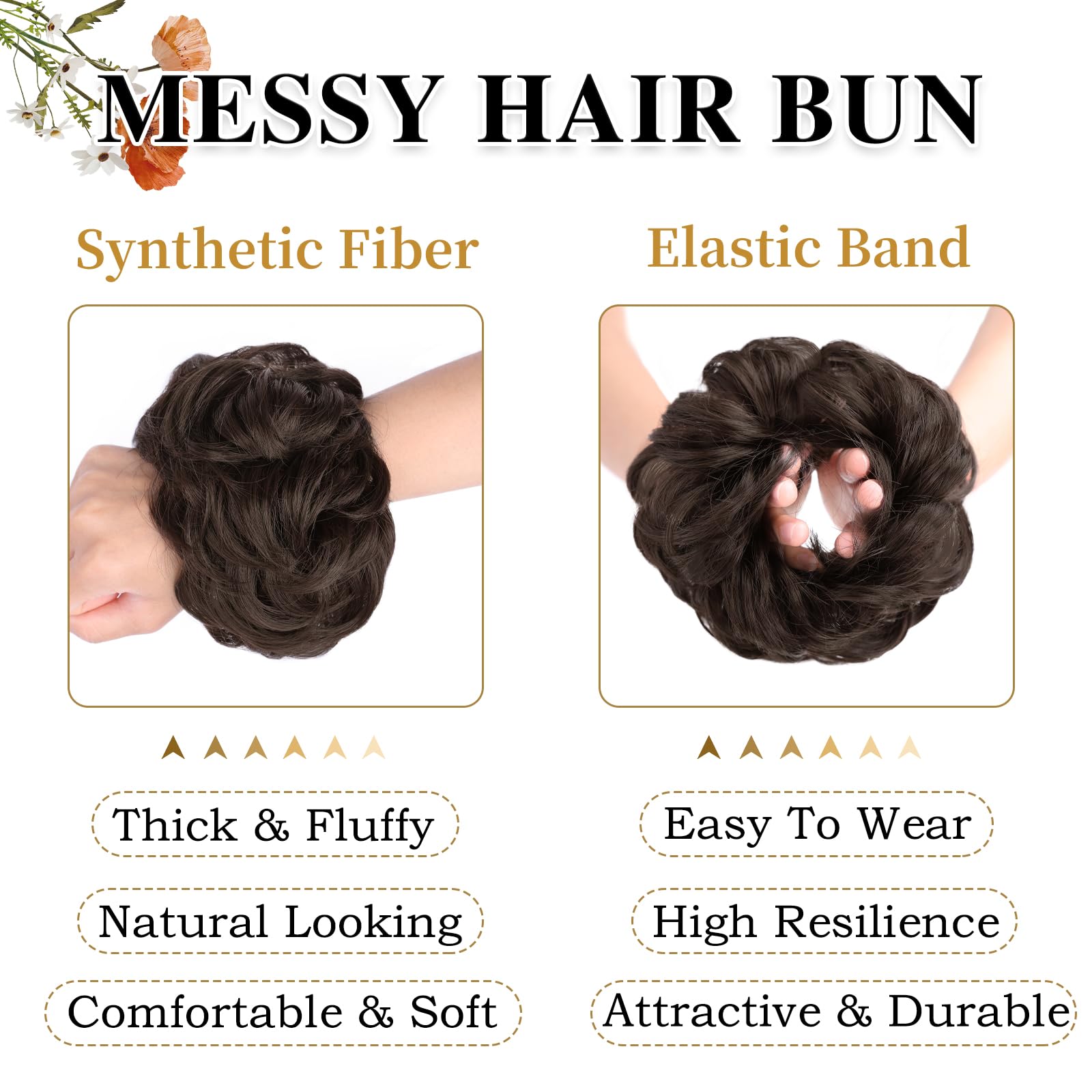 Morica dark brown messy bun blends with natural hair.