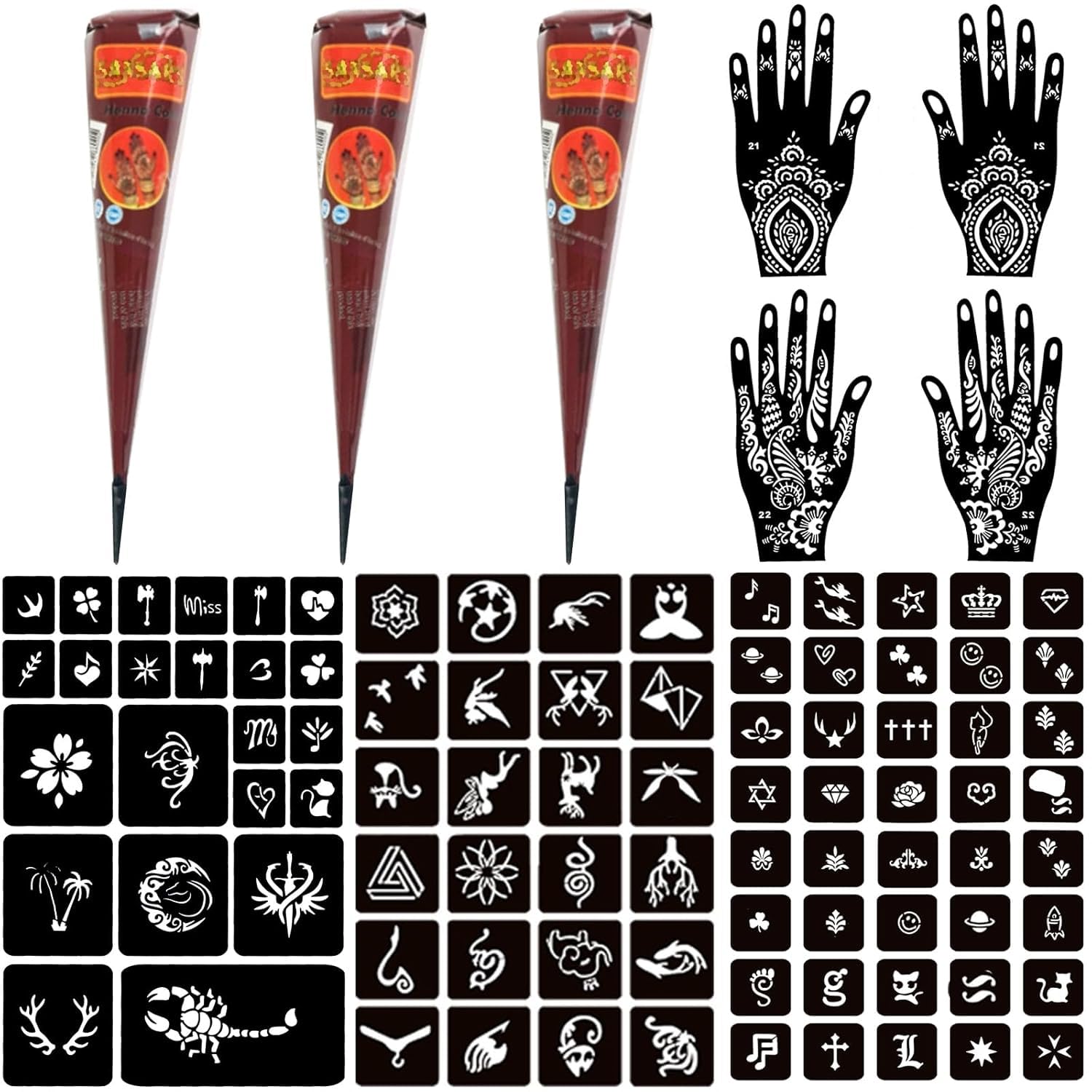 Moricher conos henna marrón rojizo para diseños temporales en la piel.