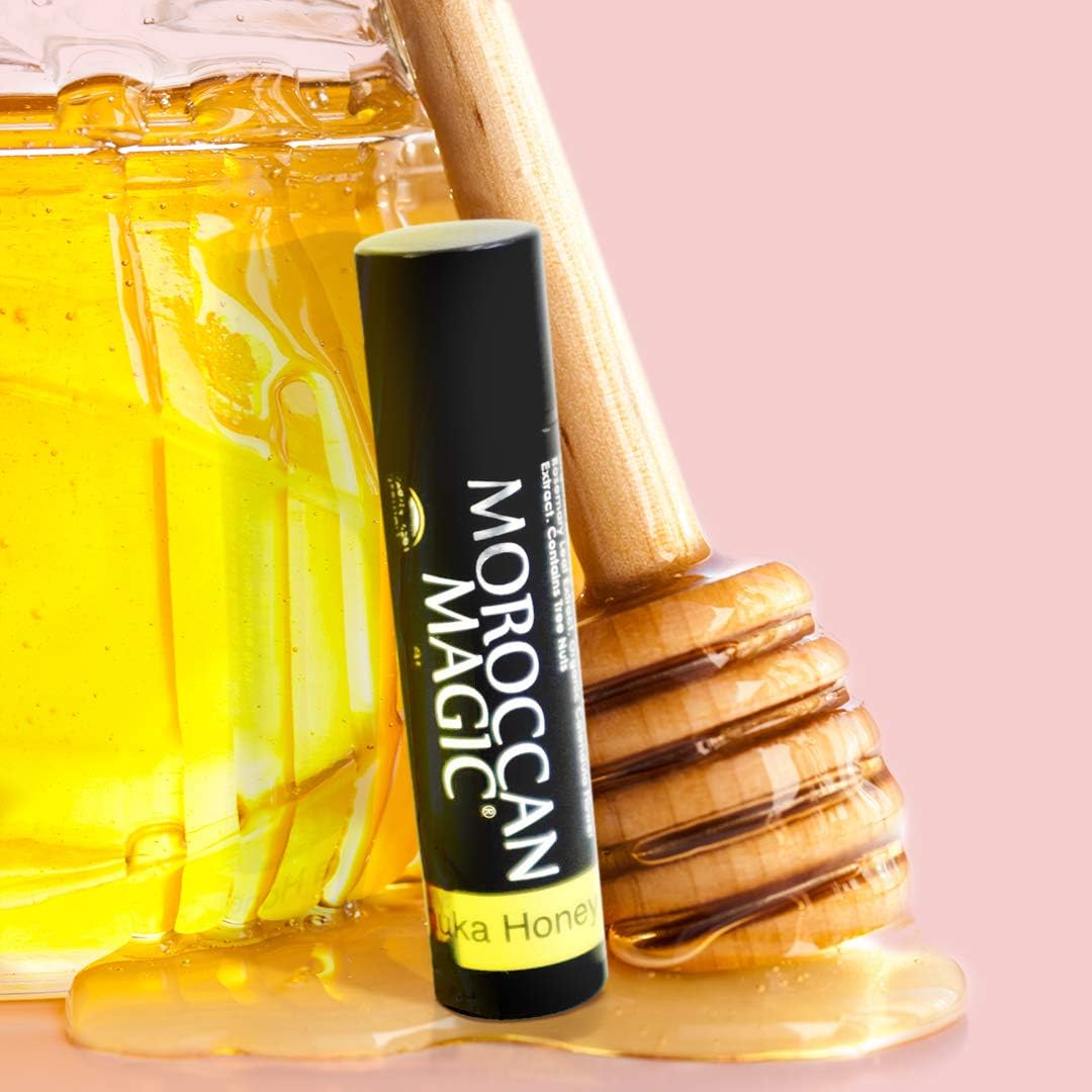 Manuka honey label signals soothing, natural care in Moroccan Magic lip balm.