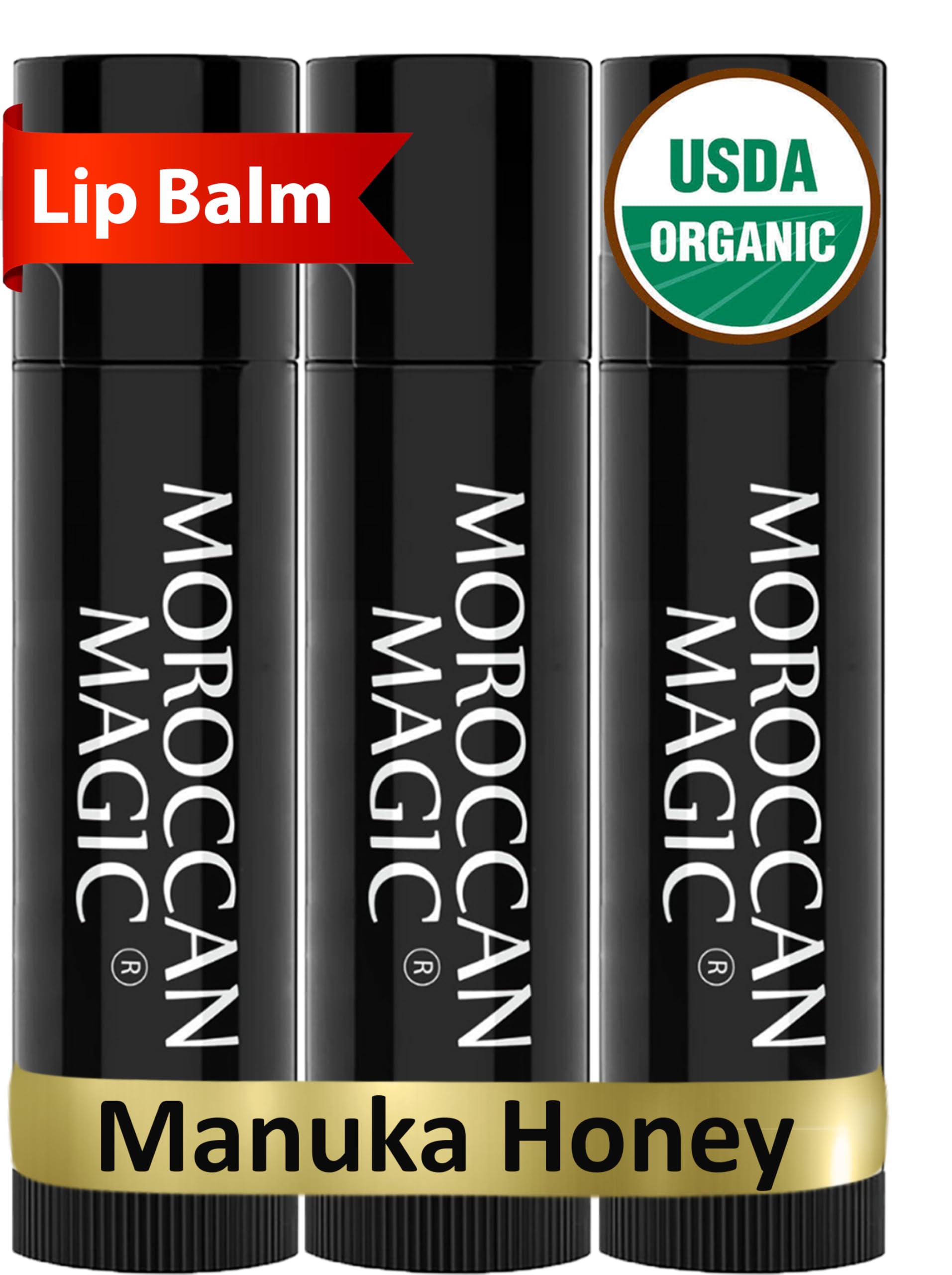 Moroccan Magic lip balm tubes shown for convenient hydration on the go.