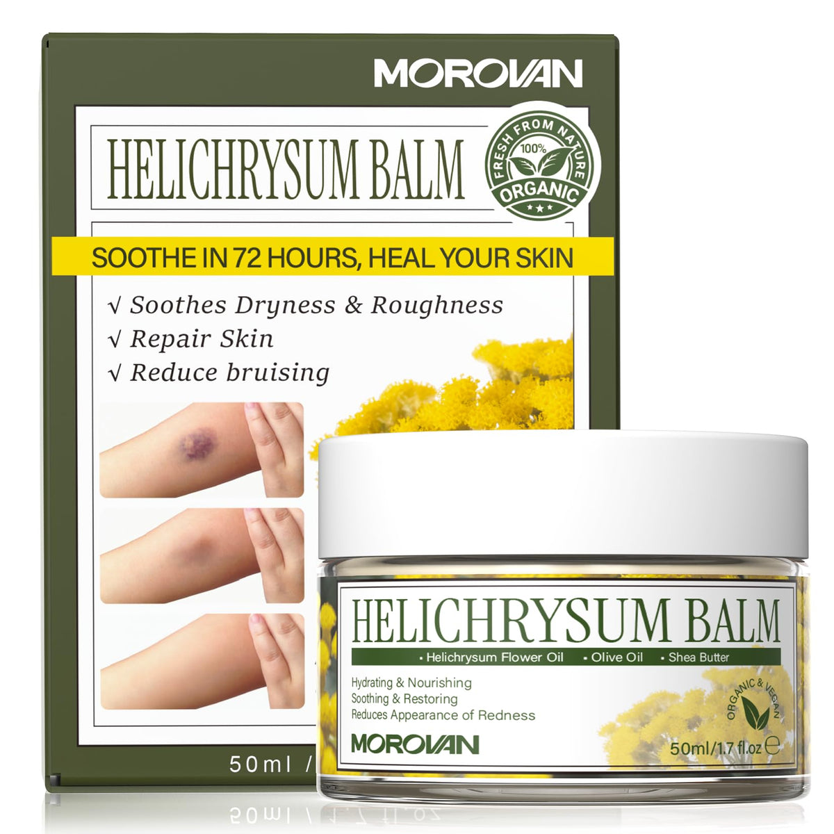 Morovan elderly bruising balm helichrysum for gentle bruise relief and calming skin comfort.