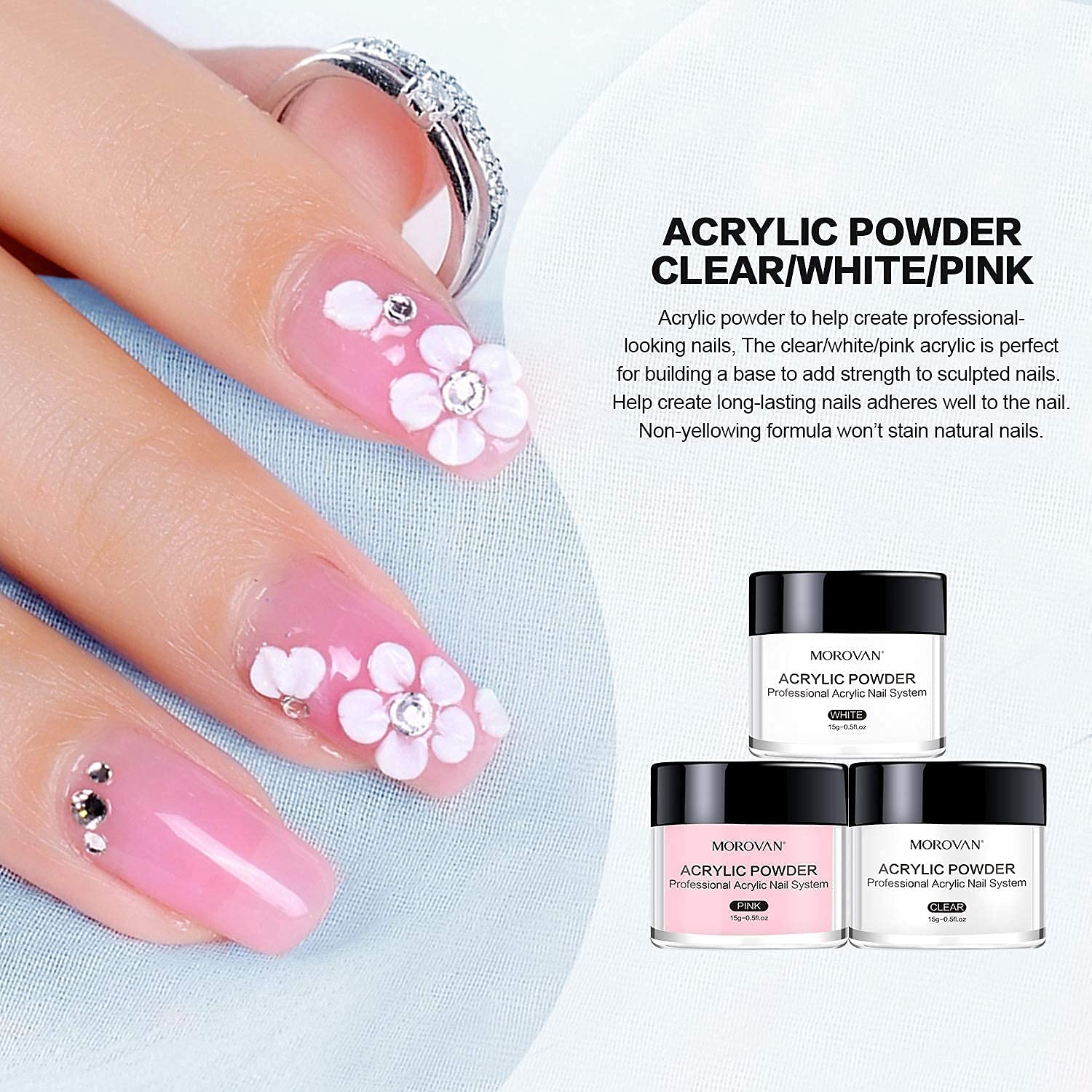 Morovan kit uñas acrílicas polvo blanco base neutra para versatilidad.