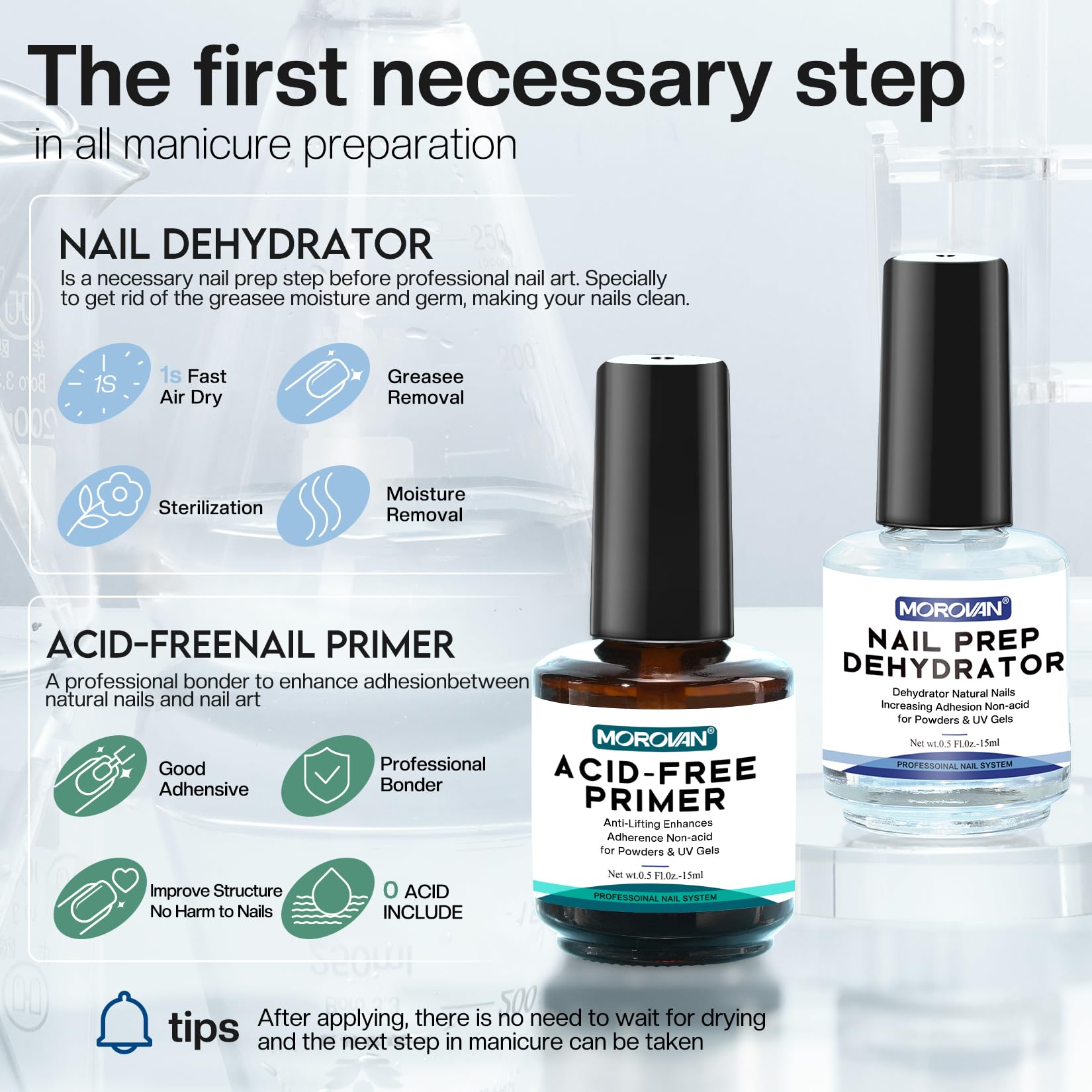 Morovan Nail Bond Primer application shows a secure gel or acrylic foundation.