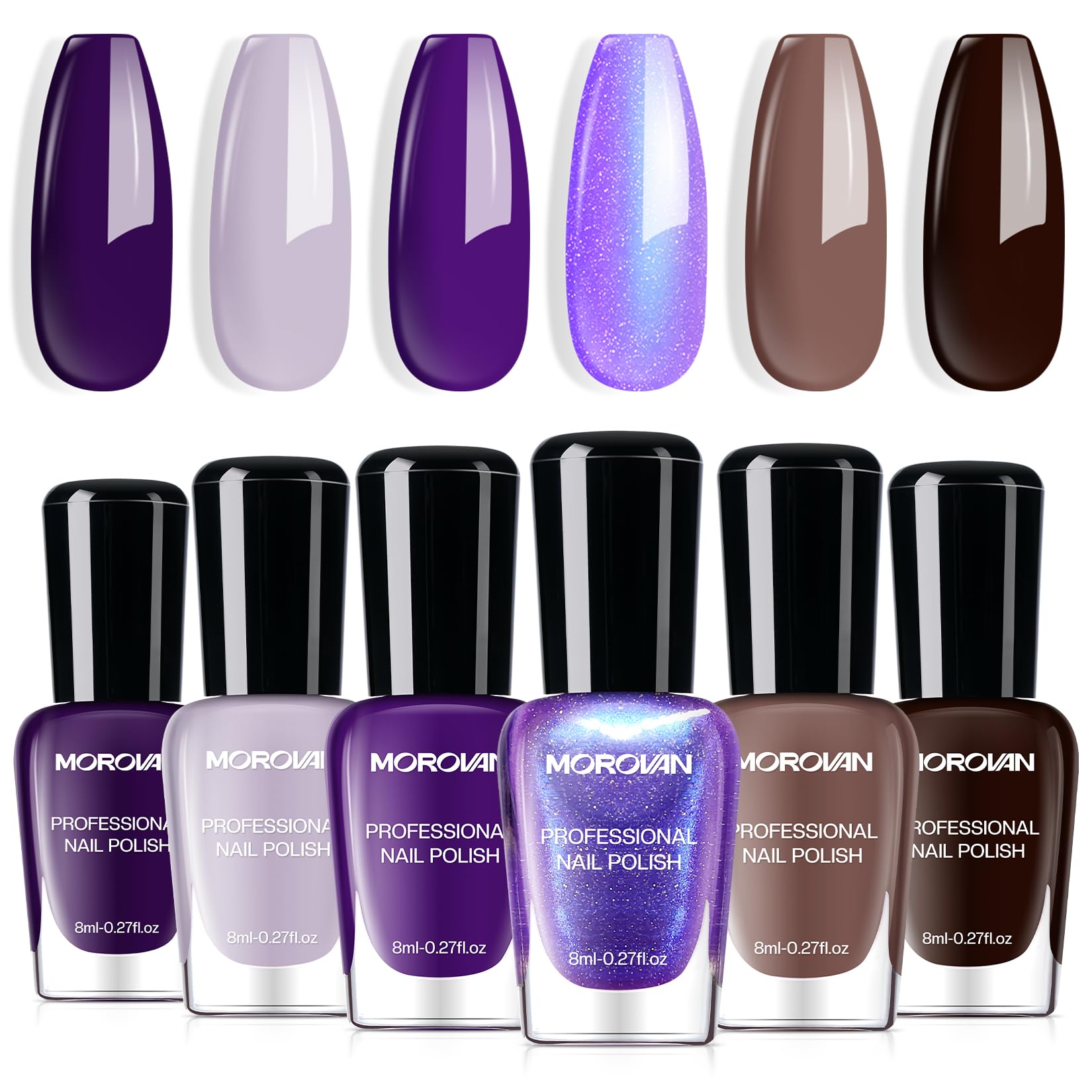 Morovan nail polish set with dark brown-purple bottle showing autumn-ready color and finish