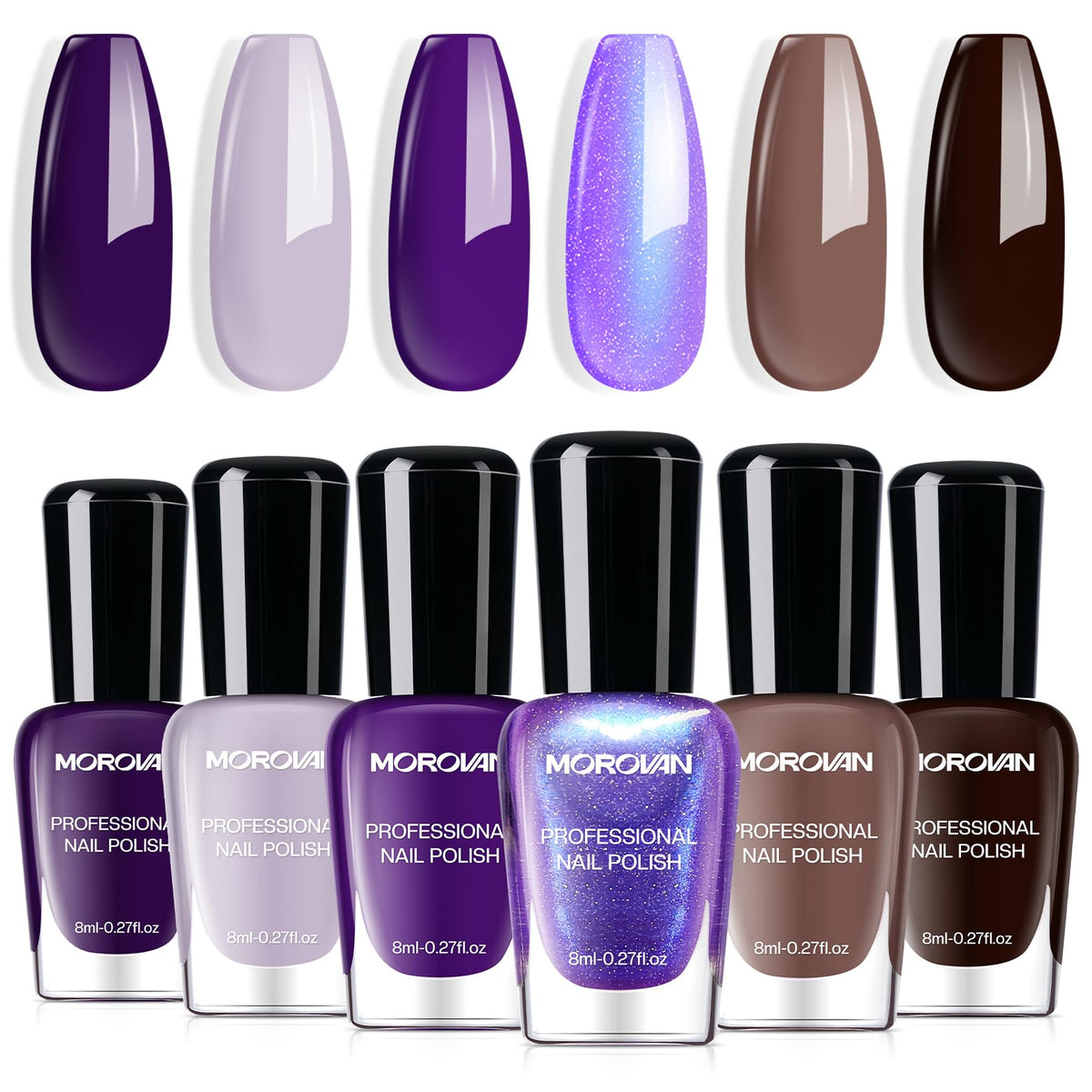 Morovan nail polish set with dark brown-purple bottle showing autumn-ready color and finish