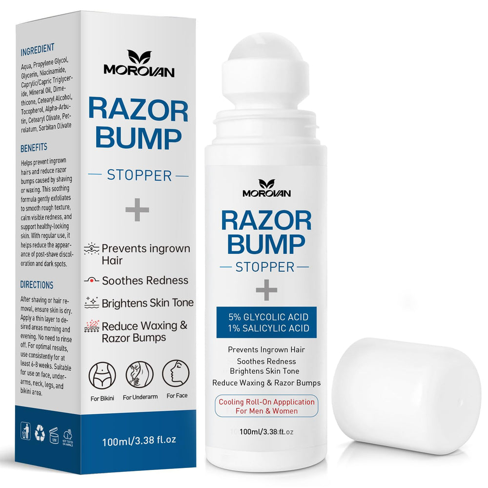 Morovan razor bumps serum bottle shown for smoother skin after shaving.