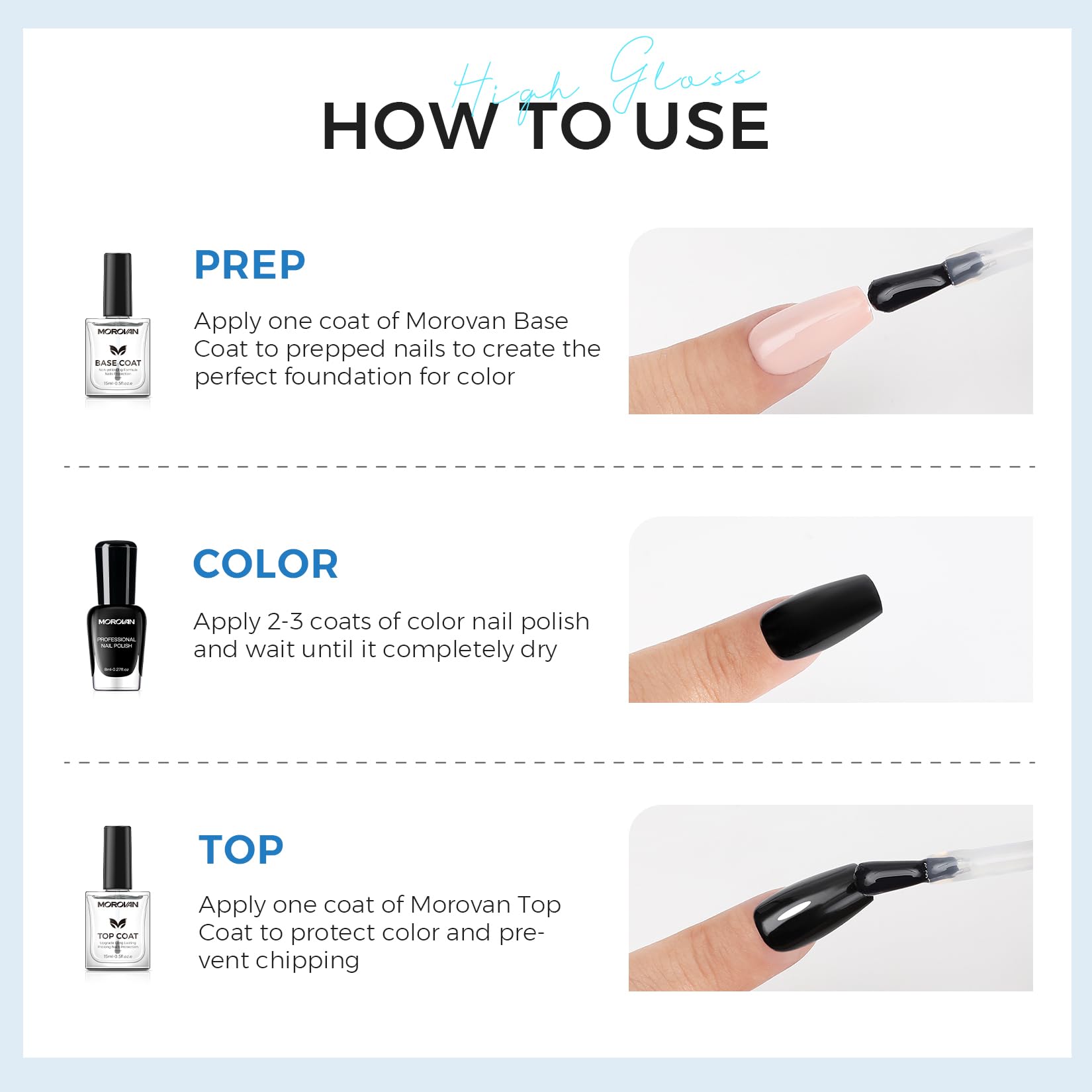 Morovan salon-quality manicure look after top coat finish.