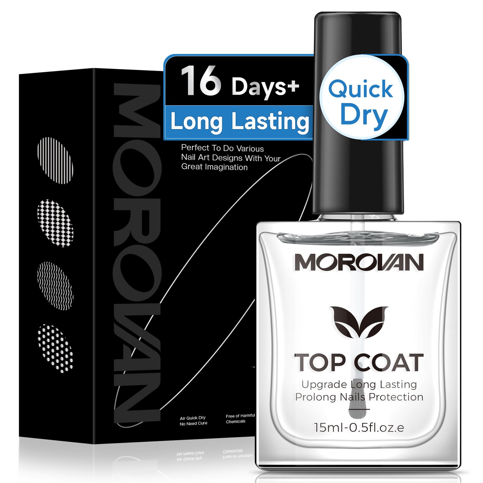 Morovan top coat bottle closeup showing lasting shine.