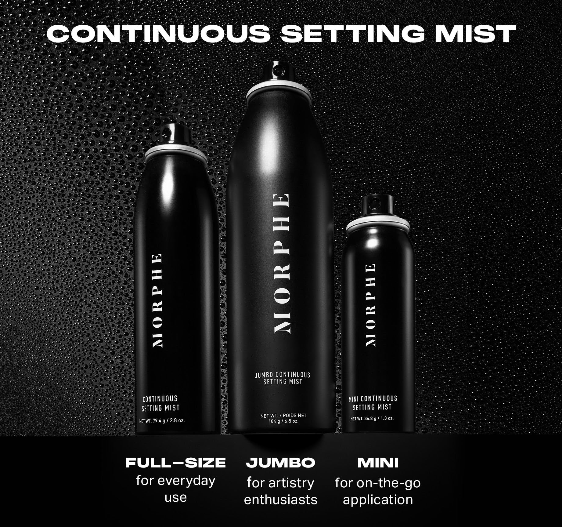 MORPHE Jumbo Continuous Setting Spray face-application helps set makeup for a seamless look.