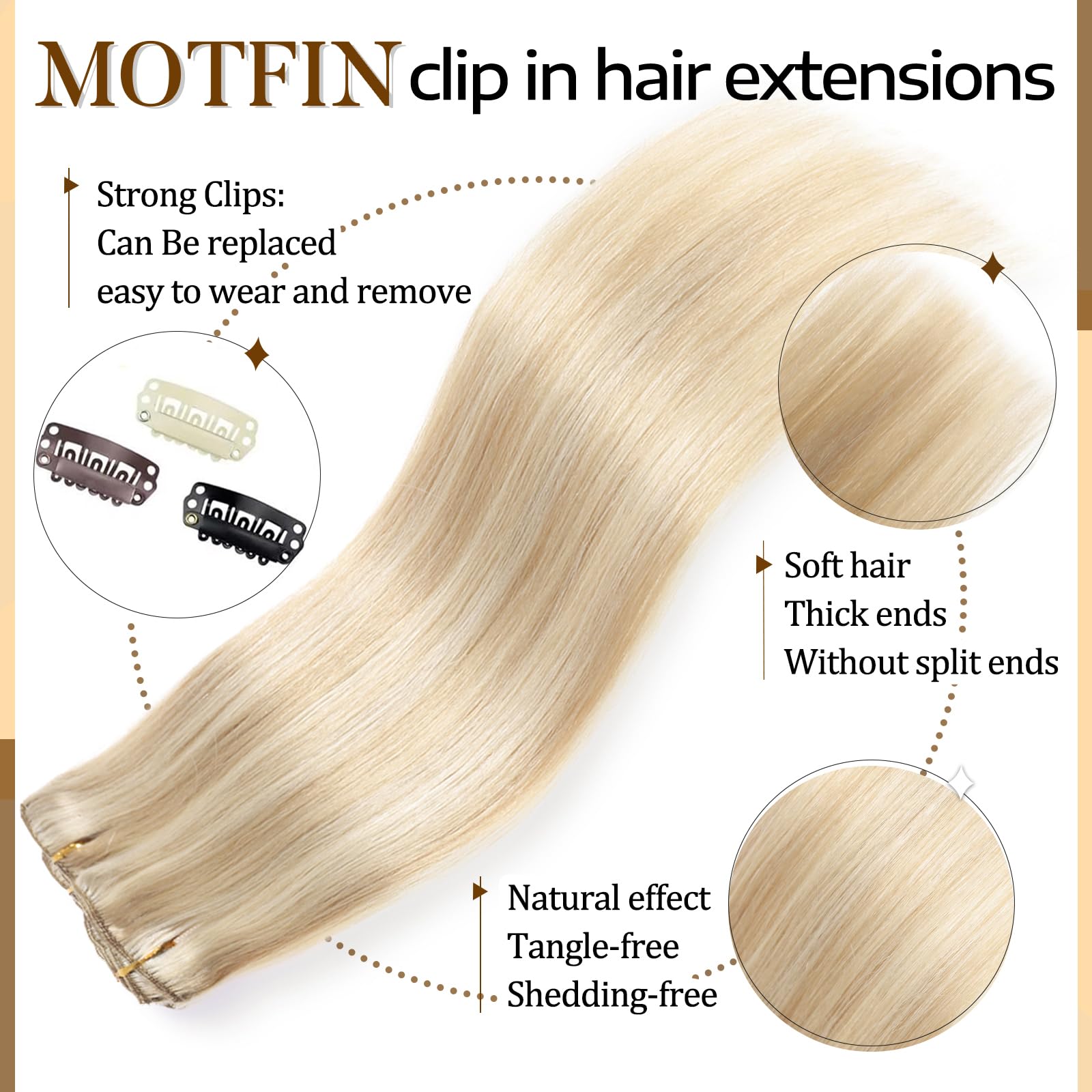 Motfin Double-weft Remy clip-ins offer durable, tangle-free wear.