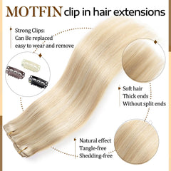 Motfin Double-weft Remy clip-ins offer durable, tangle-free wear.