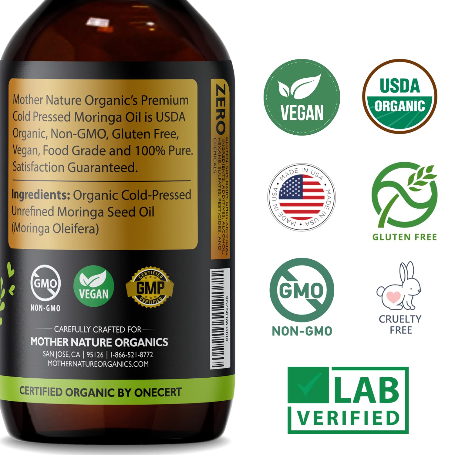 Cold-pressed processing preserves nutrients in Mother Nature Organics Moringa Seed Oil.