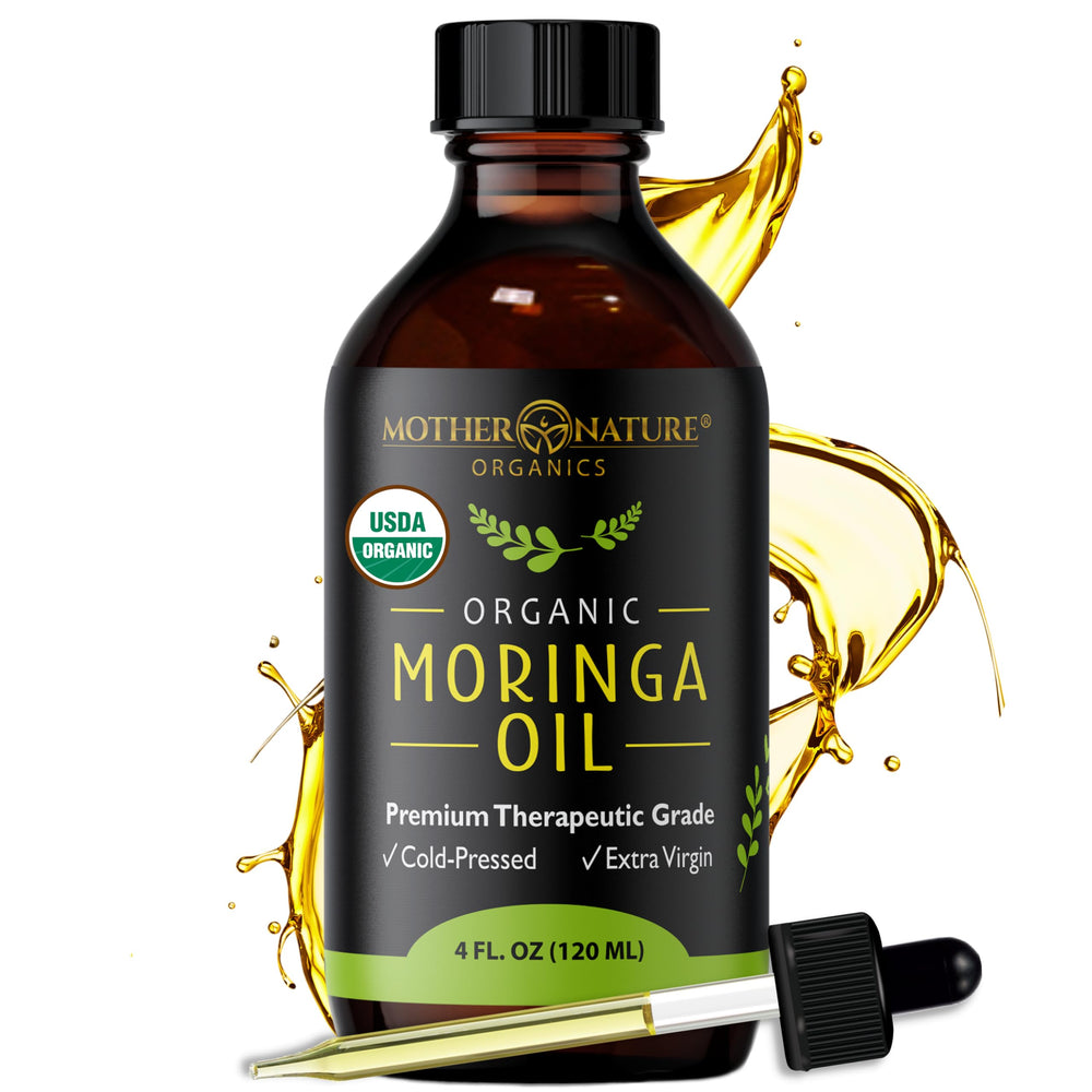 Mother Nature Organics Moringa Seed Oil bottle for daily face care and hydration.