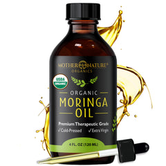 Mother Nature Organics Moringa Seed Oil bottle for daily face care and hydration.