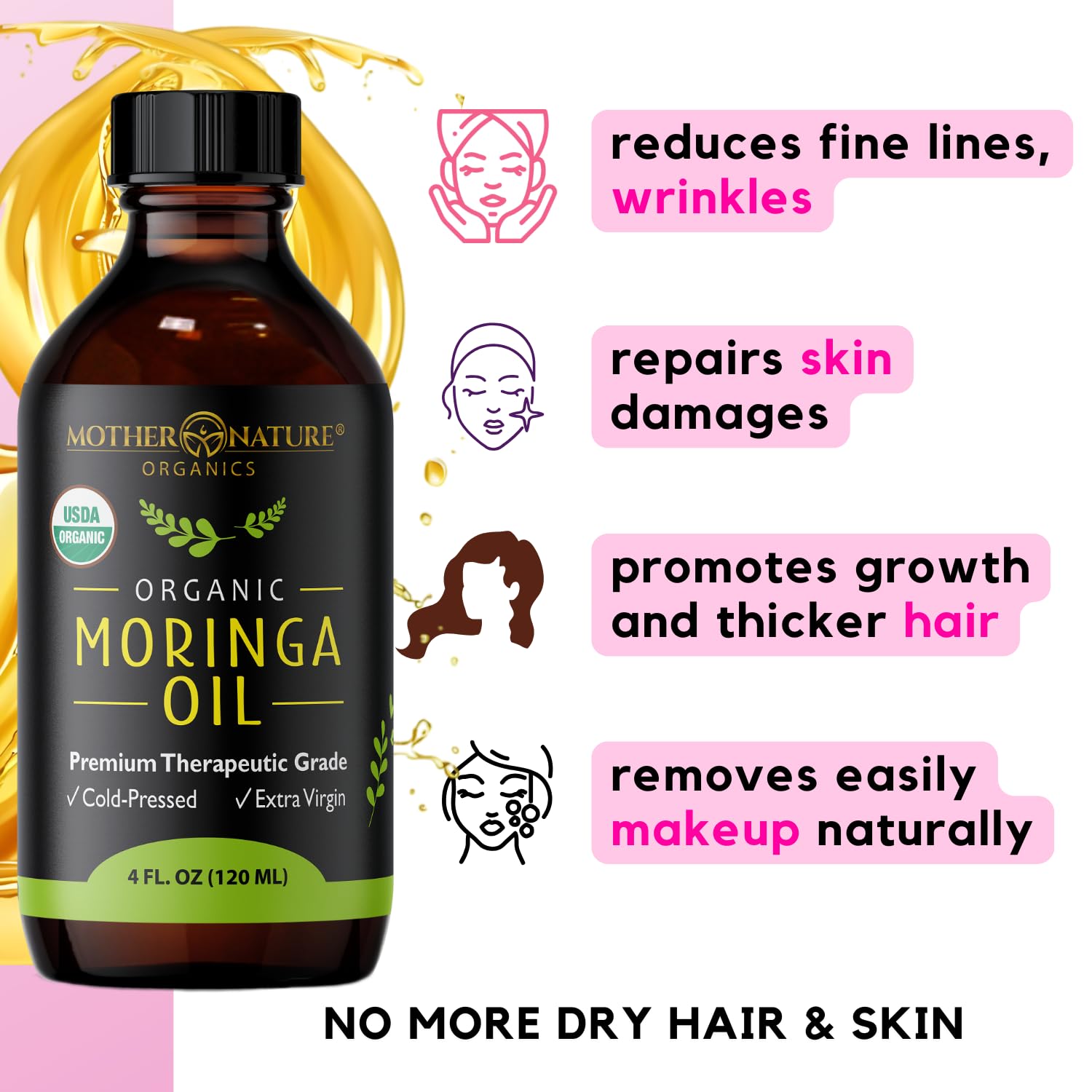 Non-GMO and gluten-free formula from Mother Nature Organics Moringa Seed Oil.