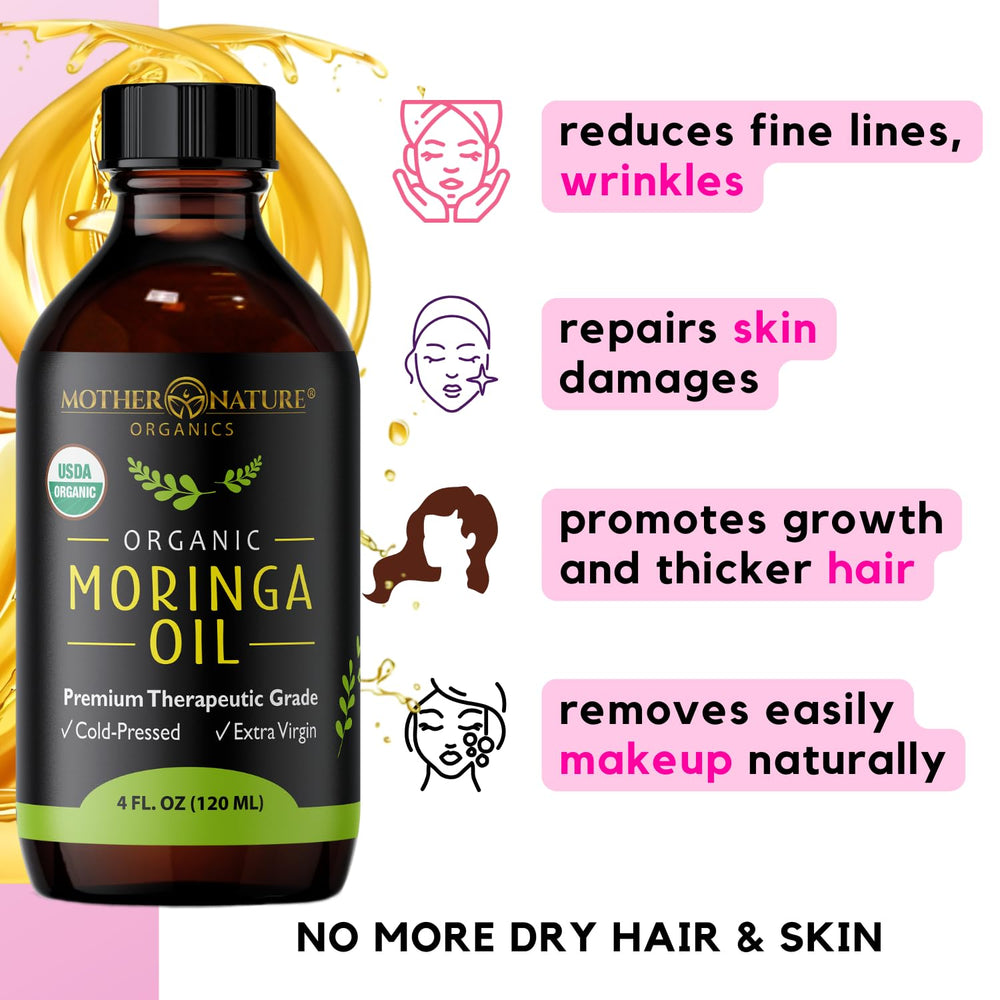Non-GMO and gluten-free formula from Mother Nature Organics Moringa Seed Oil.