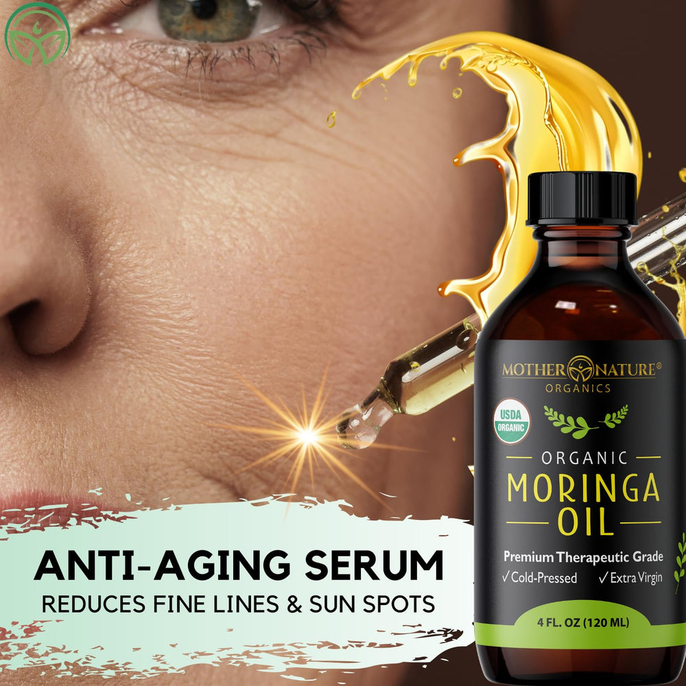 Dropper of Mother Nature Organics Moringa Seed Oil showing nourishment for skin.