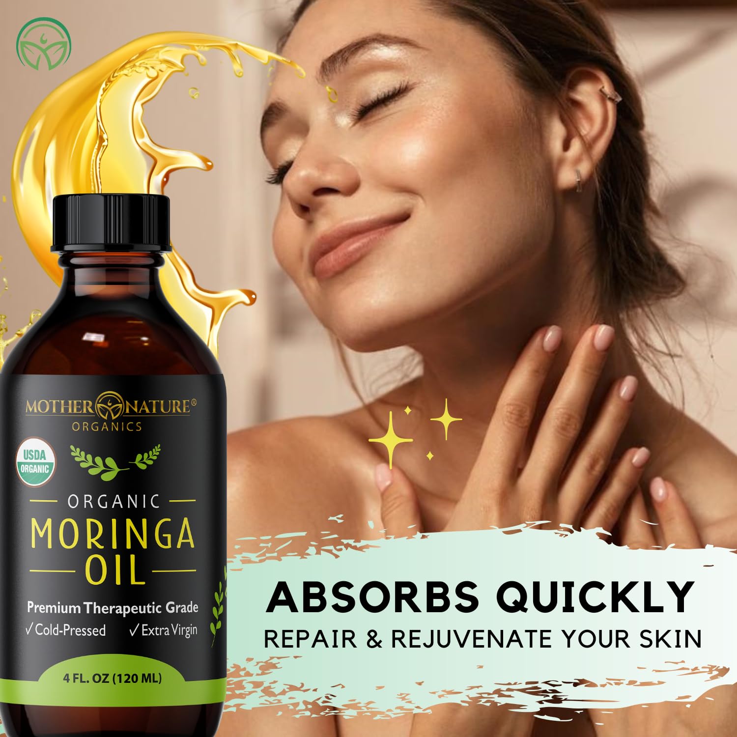 Mother Nature Organics Moringa Seed Oil applied to the face for a subtle glow.