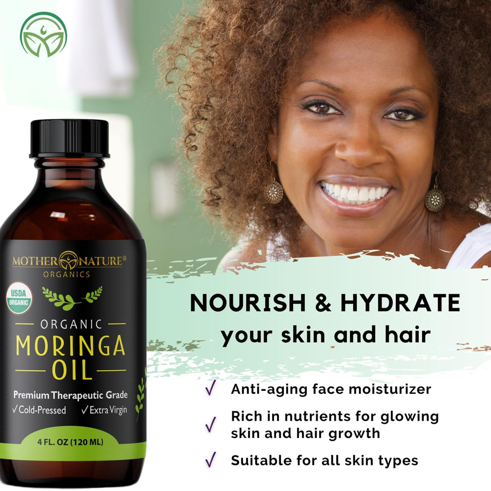 4-ounce bottle of Mother Nature Organics Moringa Seed Oil ready for daily routine.