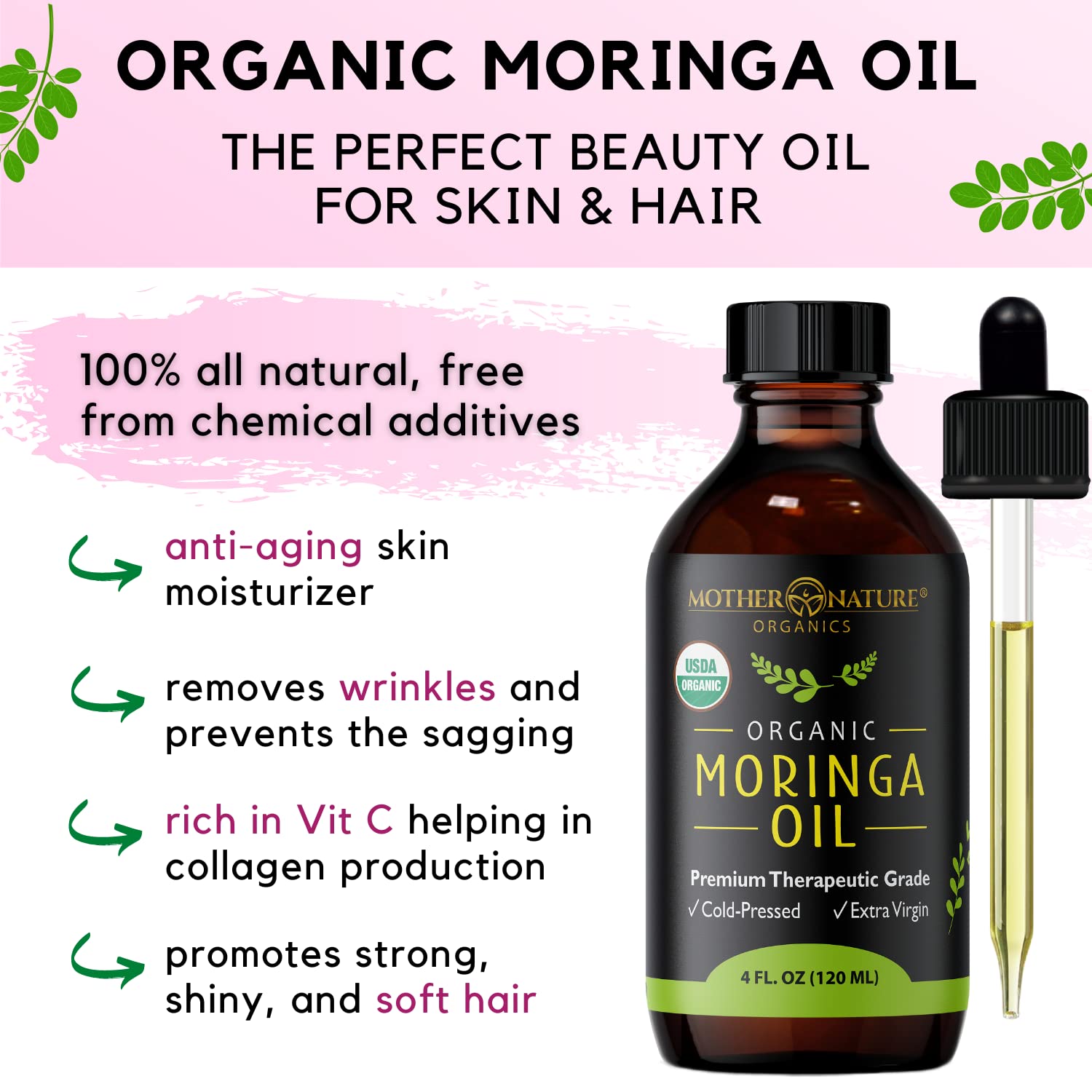 Body care with Mother Nature Organics Moringa Seed Oil for nourishment and moisture.