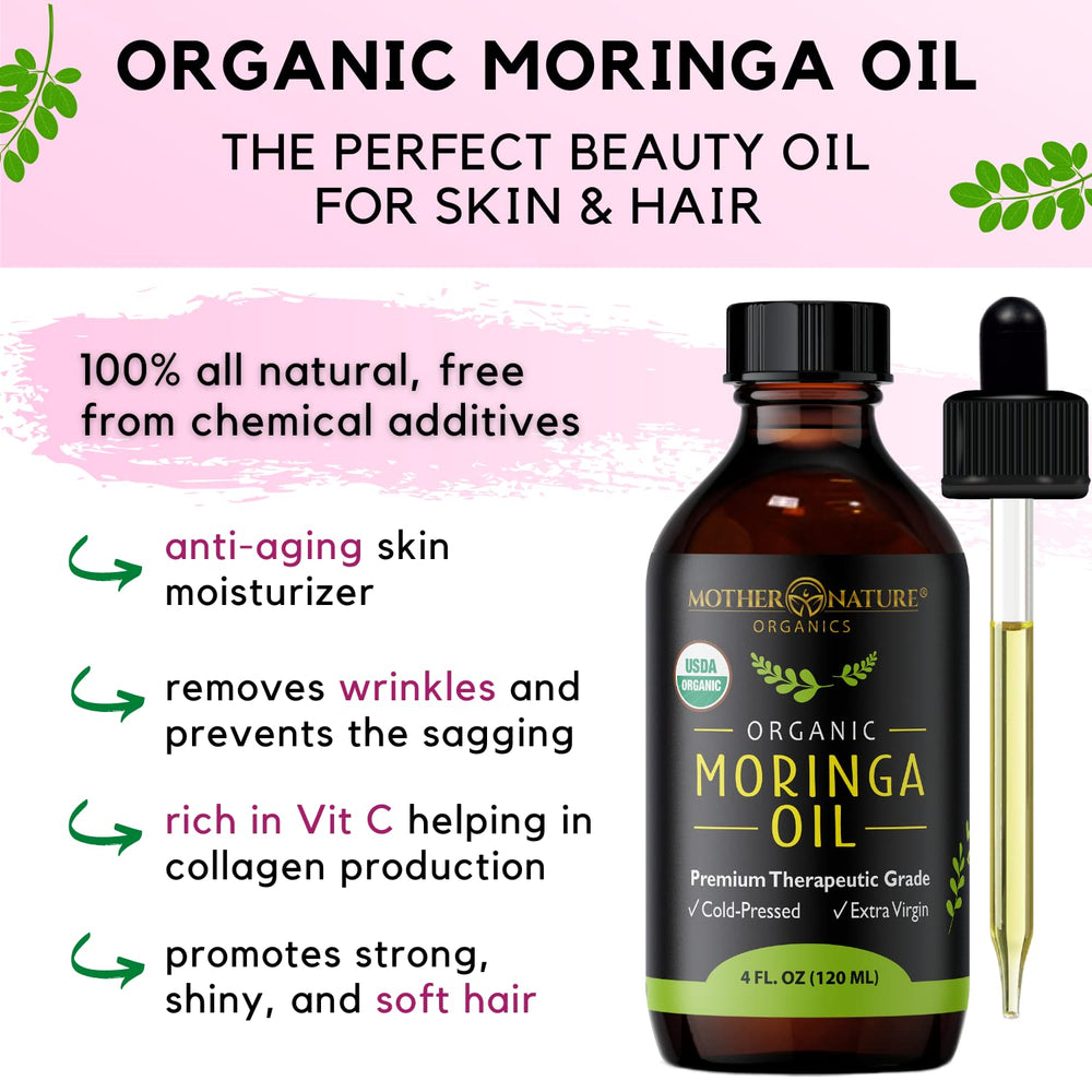 Body care with Mother Nature Organics Moringa Seed Oil for nourishment and moisture.