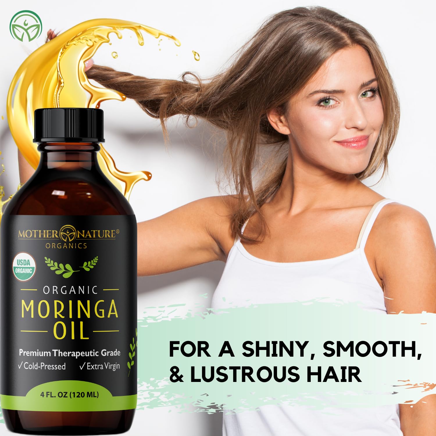 Hair care use of Mother Nature Organics Moringa Seed Oil for shine and manageability.