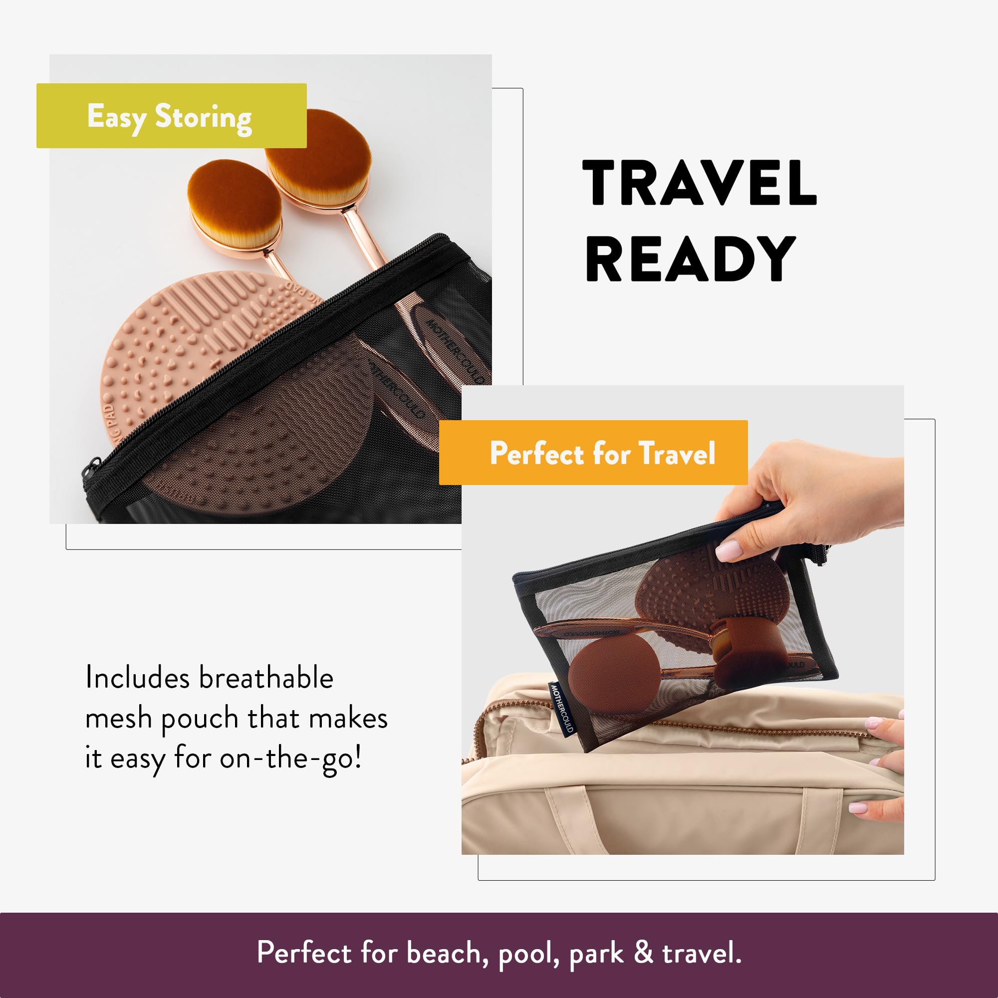 Breathable mesh pouch keeps brushes organized in a travel bag