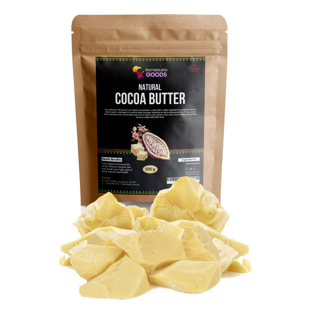 Manteca de cacao natural de Motherland Goods, pedazos, ideal para hidratar piel sensible y uso diario.