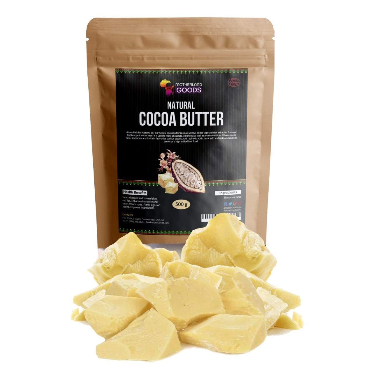 Motherland Goods, trozos de manteca de cacao cruda, hidratación suave para piel sensible.